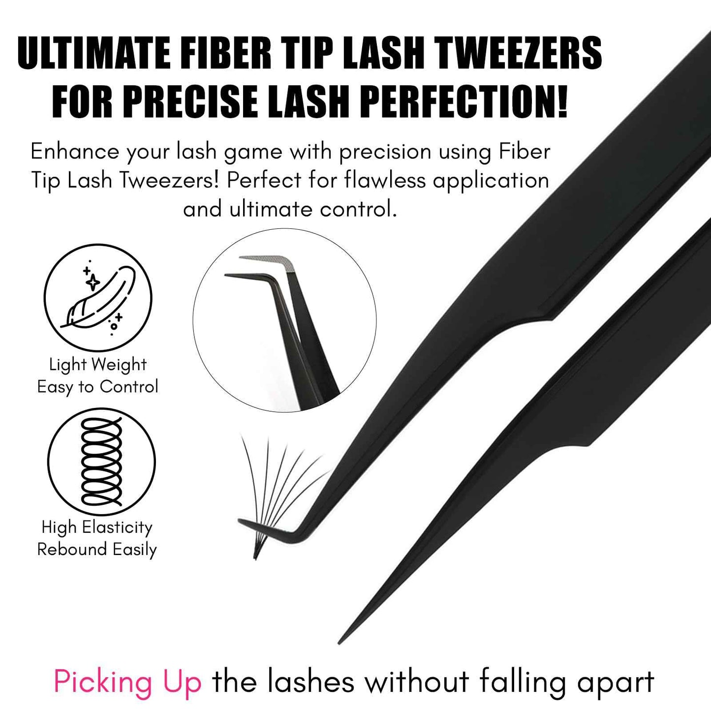 My Lash Tools 2Pcs Fiber Tip Lash Tweezers for Eyelash Extensions and Straight Isolation Tweezer Set – Professional Precision Fan Making, Mega Volume Boot Lashing, Classic & Mink Eyelashes, Black