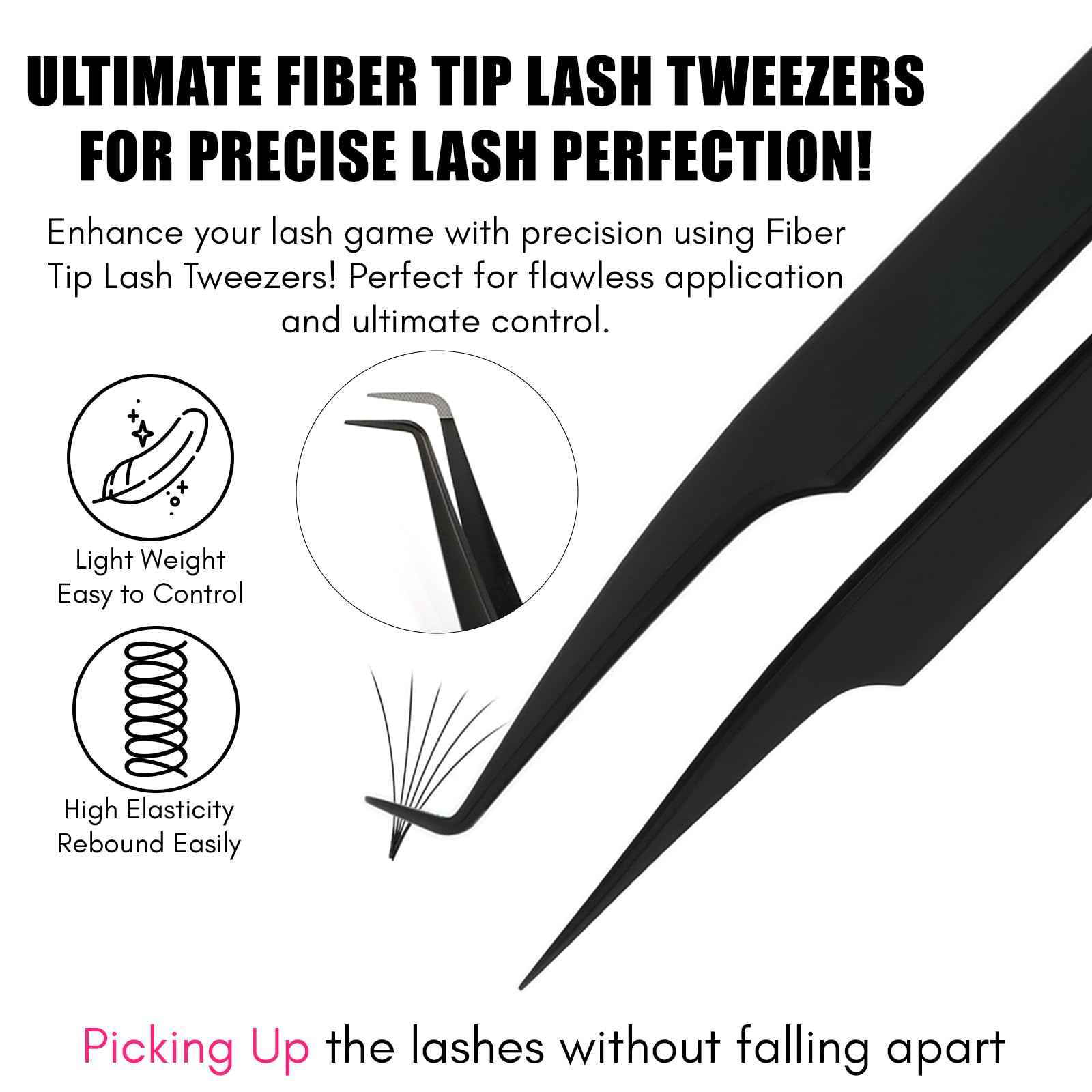 My Lash Tools 2Pcs Fiber Tip Lash Tweezers for Eyelash Extensions and Straight Isolation Tweezer Set – Professional Precision Fan Making, Mega Volume Boot Lashing, Classic & Mink Eyelashes, Black