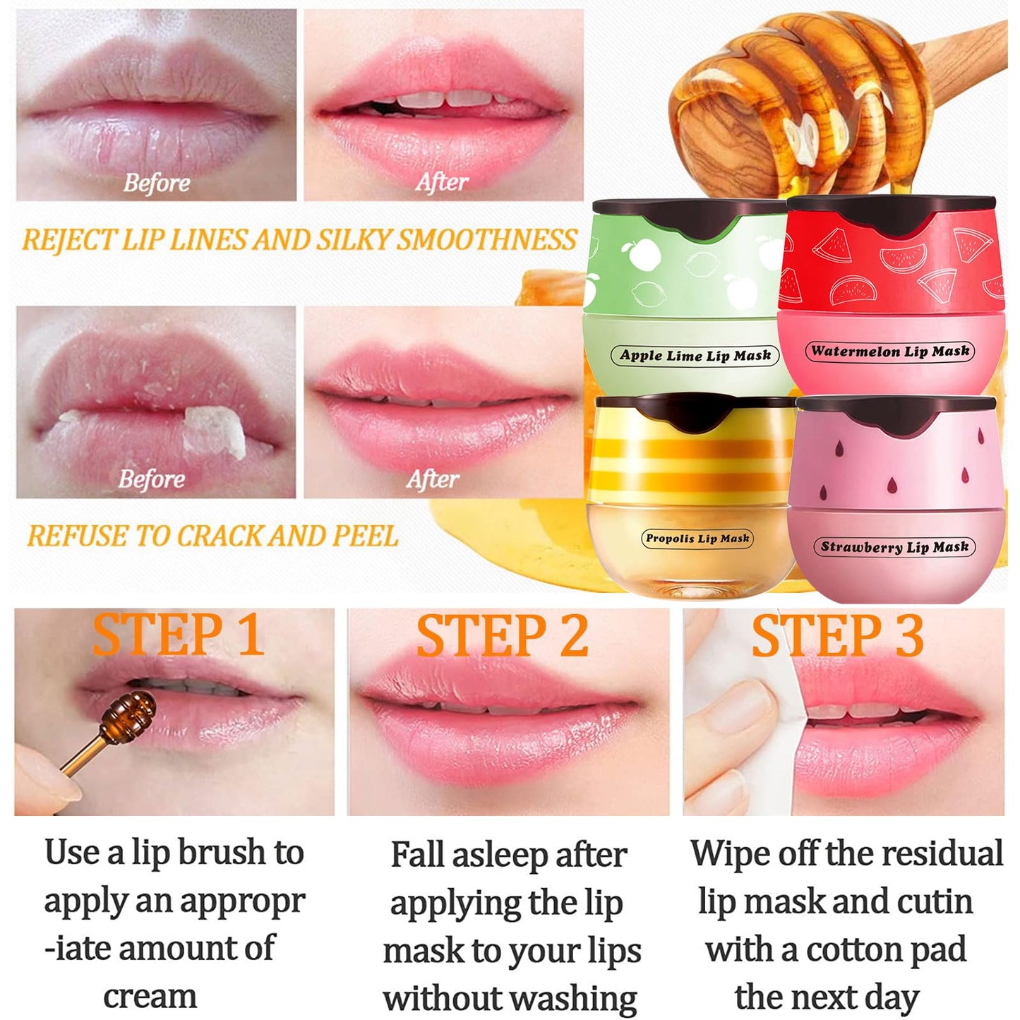 Honey Lip Balm Pot, 3 Pcs Strawberry & Apple & Watermelon Lip Mask Propolis Lip Mask Moisturizing Hydrating Prevention Dry and Cracked Lip Scrubs Exfoliator