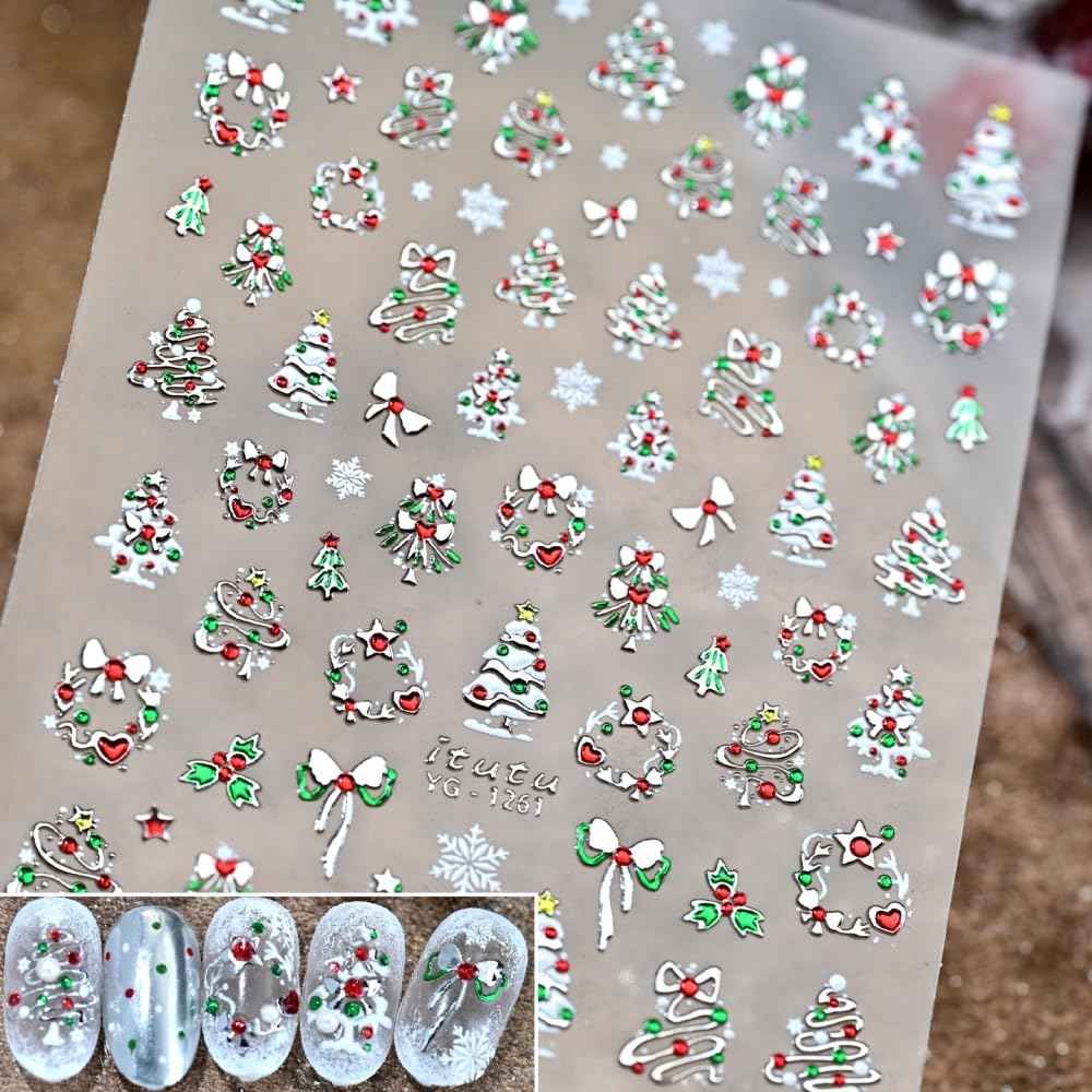 Christmas Nail Stickers 5D Embossed Metallic Silver Nail Decals 3D Self Adhesive Garland Christmas Tree Nail Art Suppies Winter Xmas Cute Bow Snowflake Nail Designs for Women DIY Acrylic Nails 1 Sheet