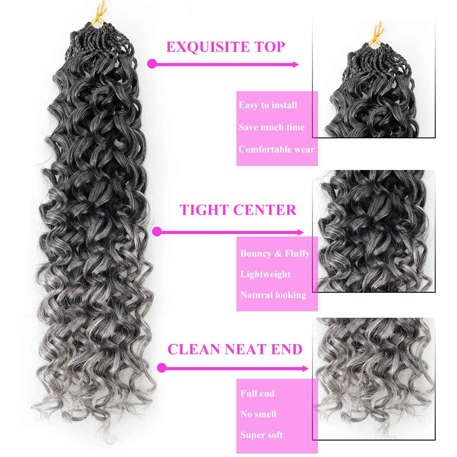 XSASLYET 24 Inch Crochet Hair for Black Women - Natural Look Deep/Water/Ocean Wave, Tangle Free Gogo Curl, Lightweight Pre Looped Curly Braids, Long Use, Easy Install, Daily Wear(8 Packs, T/Grey)