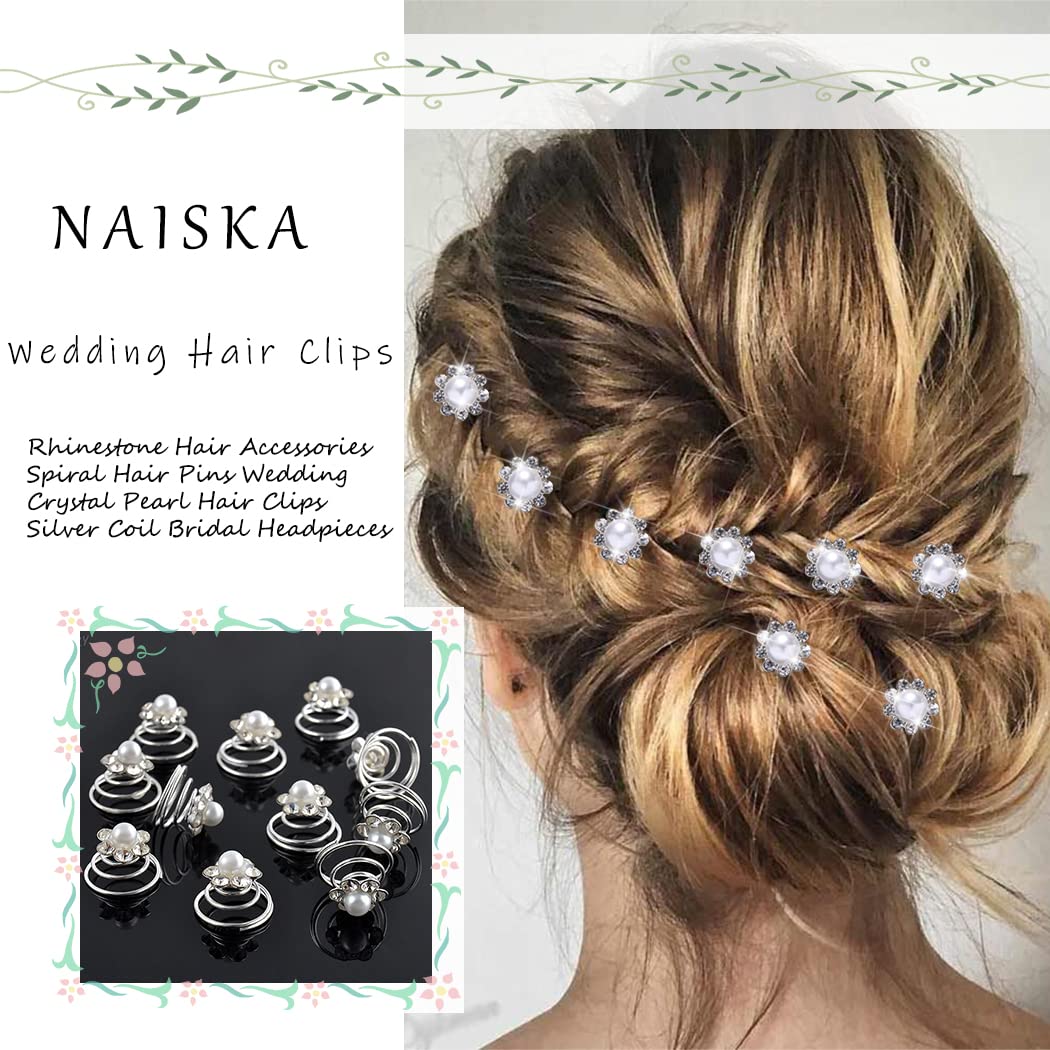 NAISKA Rhinestone Hair Accessories Spiral Hair Pins Wedding Crystal Pearl Hair Clips Silver Coil Bridal Headpieces Women and Girls Hair Decoration for Prom Party(8PCS)