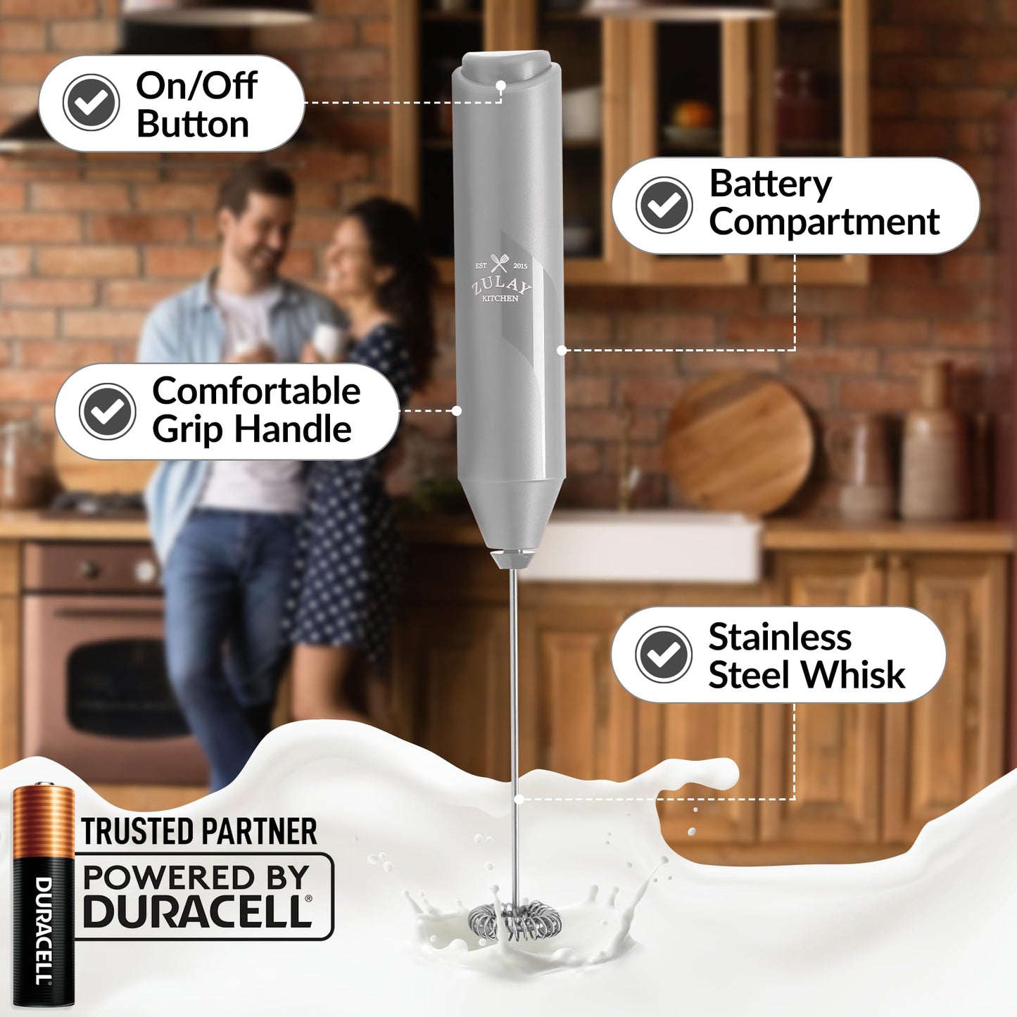 Zulay Kitchen Duracell Powered Milk Frother Handheld Foam Maker - Whisk Drink Mixer for Coffee, Latte, Matcha, Cappuccino - Mini Foamer by Milk Boss - Batteries Included - (Gray)