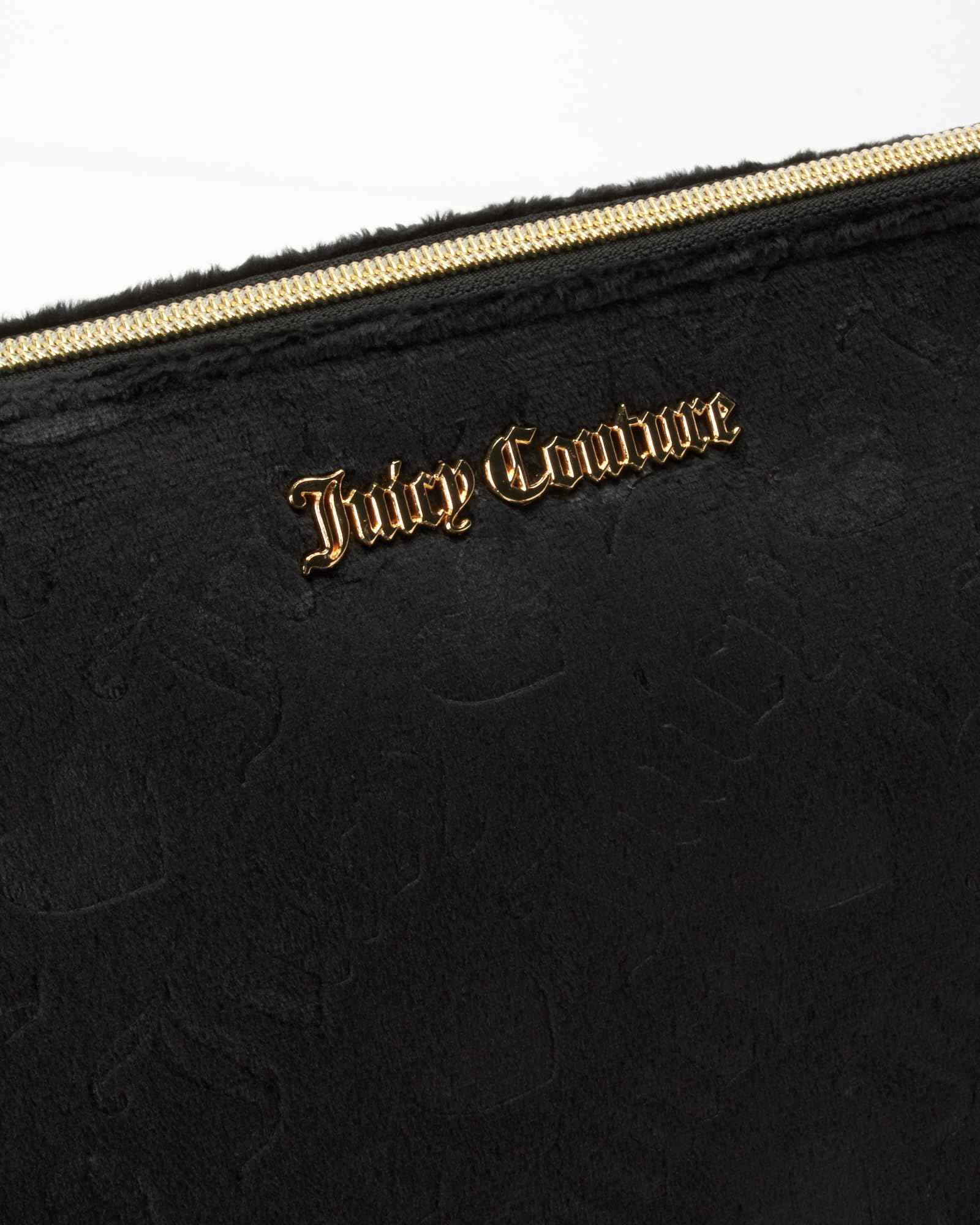Juicy Couture Black Makeup Bag Cosmetics Organizer Travel Essentials Zip Top Wedge Velour Heart Love