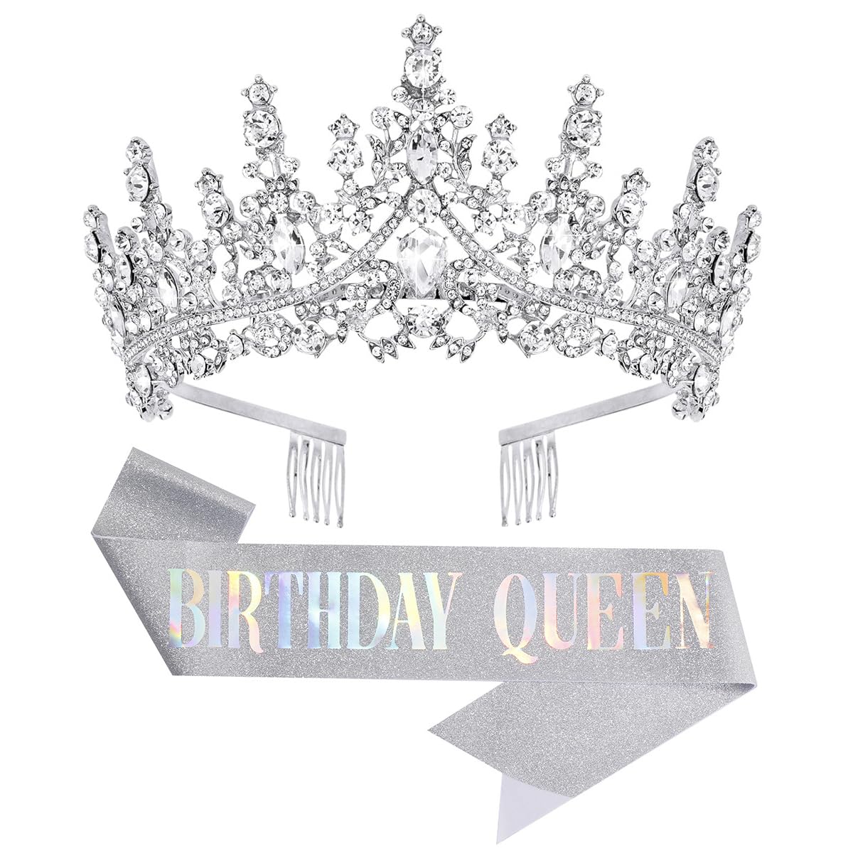 Papoopy Birthday Tiara Crown with Sash for Women and Girls, Headband Hair Accessories for Wedding Party Costume Silver