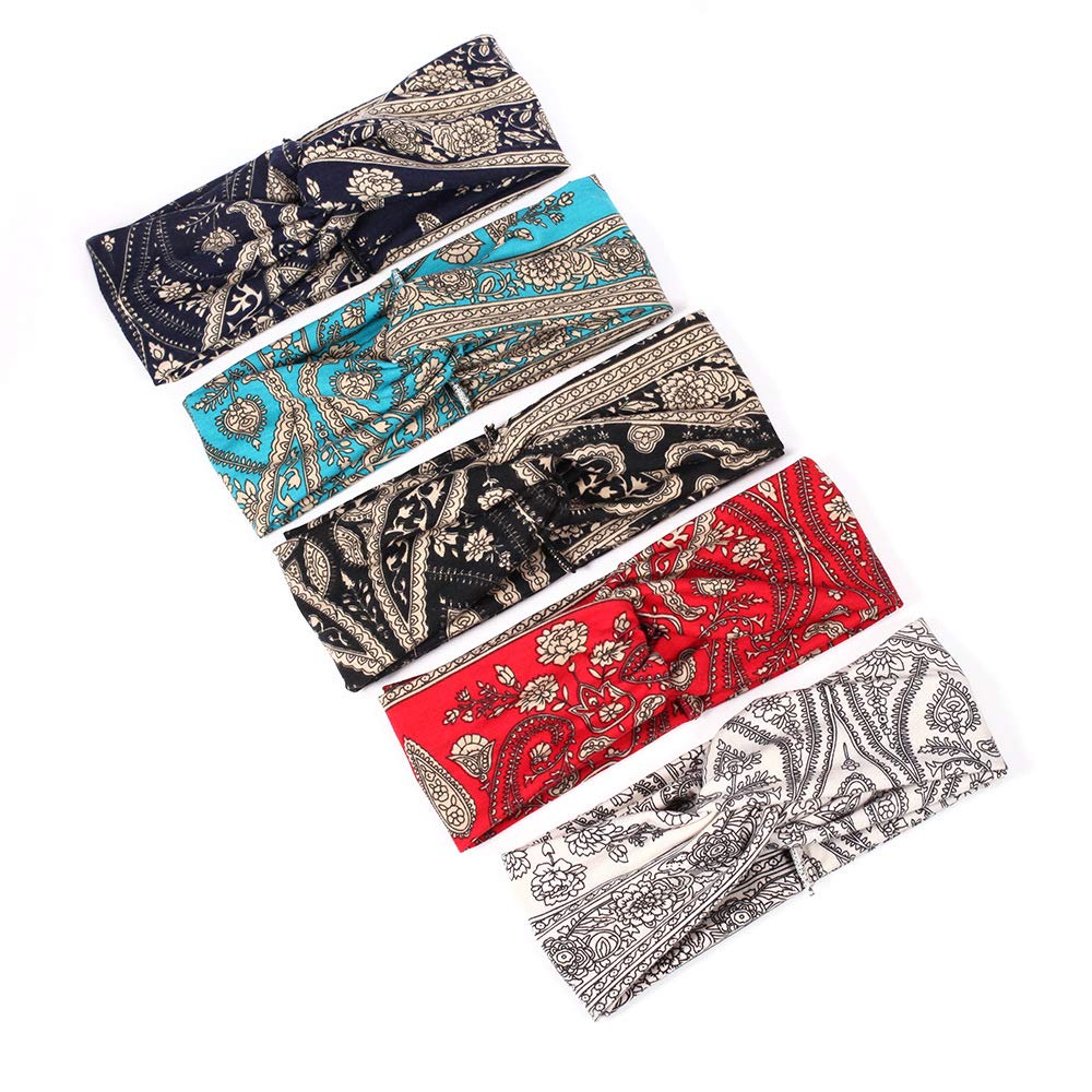 DINPREY Women's Bandana Print Head bands Wide Bandana Headwraps Twist Turban Knot Sweatbands Boho Headbands Sports Head Scarfs Yoga Hair Band (5 Pack Retro Flower)