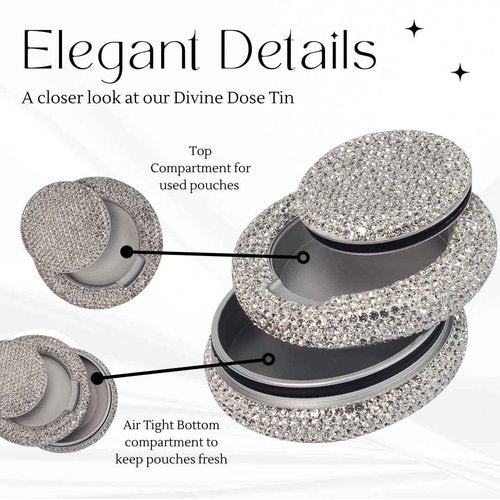 Bedazzled Metal Zyn Can | Divine Dose Rhinestone Metal Pouch Holder | Dual Compartment Aluminum Zyn Storage Tin | Lidden Container Storage Snus Can, Gift for Her (Silver)