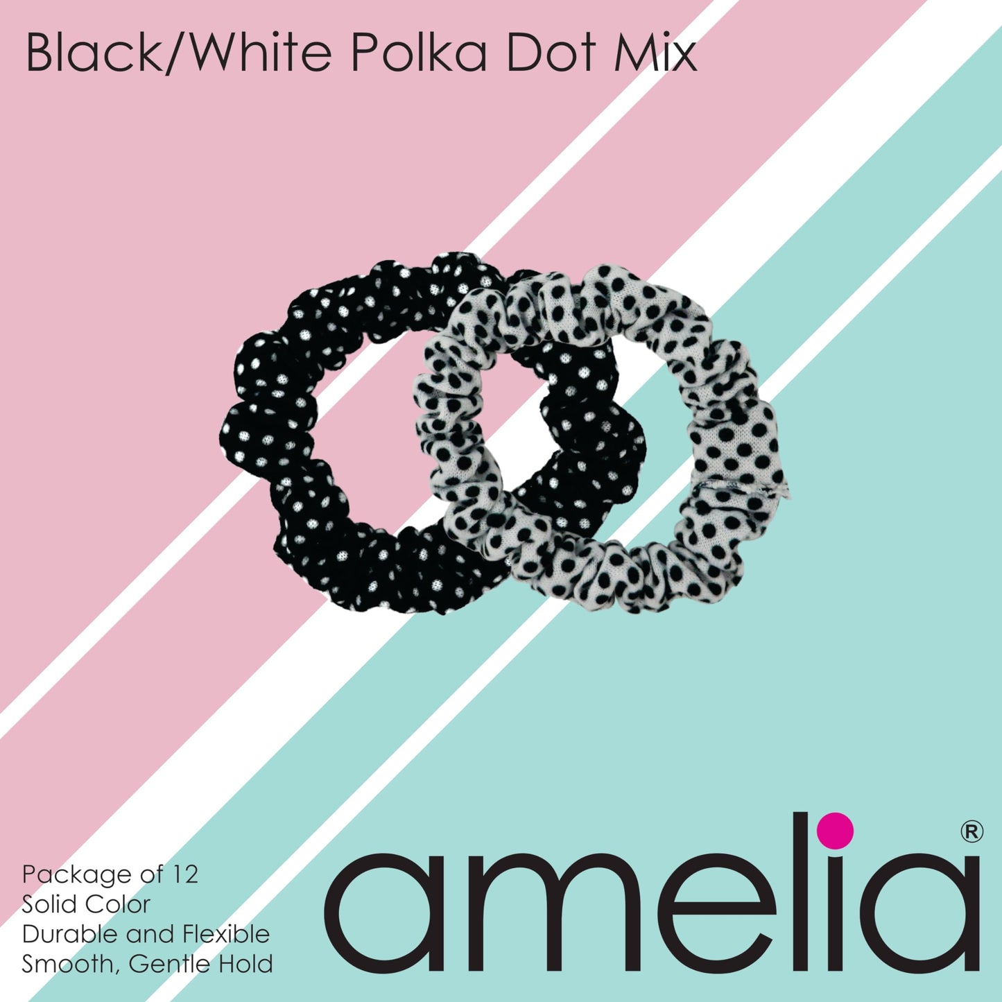 Amelia Beauty Small Black/White Dot Mix Jersey Mini Scrunchies for Fine Hair, 12-Pack – Soft & Stylish No-Damage Hair Ties for Everyday Fun!