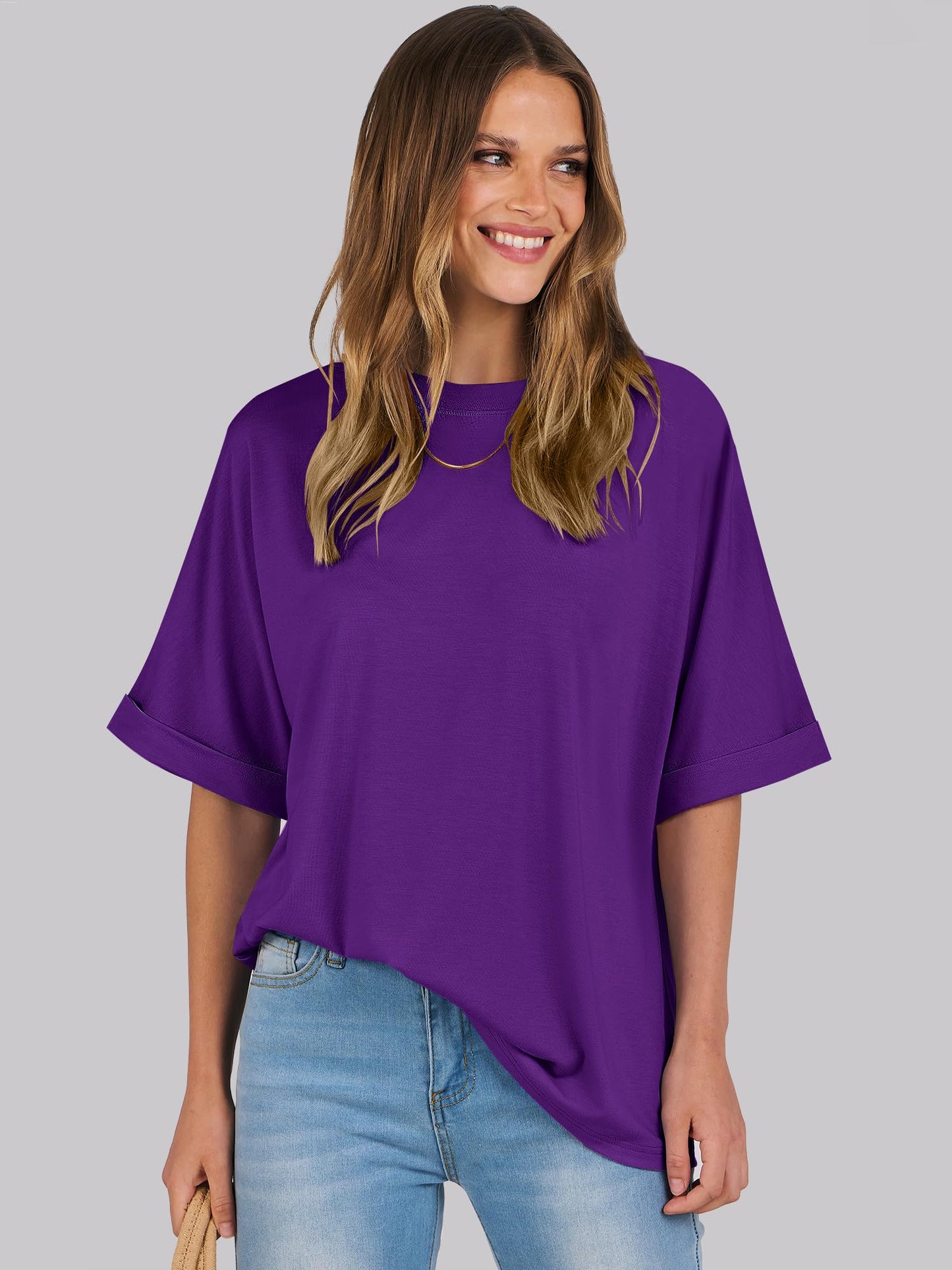 ANRABESS Women's Oversized T Shirts Short Sleeve Crewneck Summer Tops Casual Loose Basic Tee Shirts 2024 Trendy Clothes Dark Purple Small