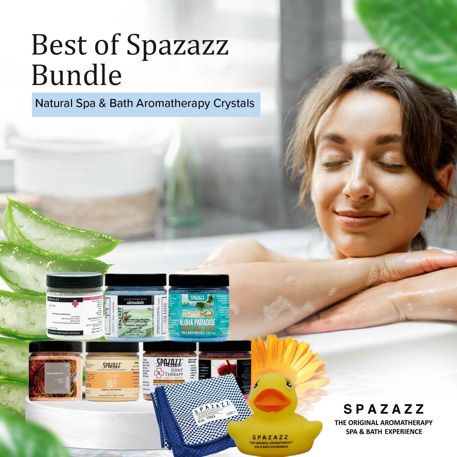 Spazazz Hot Tub Aromatherapy Gift Bundle- Seven- 4 Oz Spazazz Hot Tub Aromatherapy Bath Salt Crystals Sampler Jars Plus Hot/Cold Towel and Rubber Duck - Seven Distinct Scents of Bath and Spa Salts
