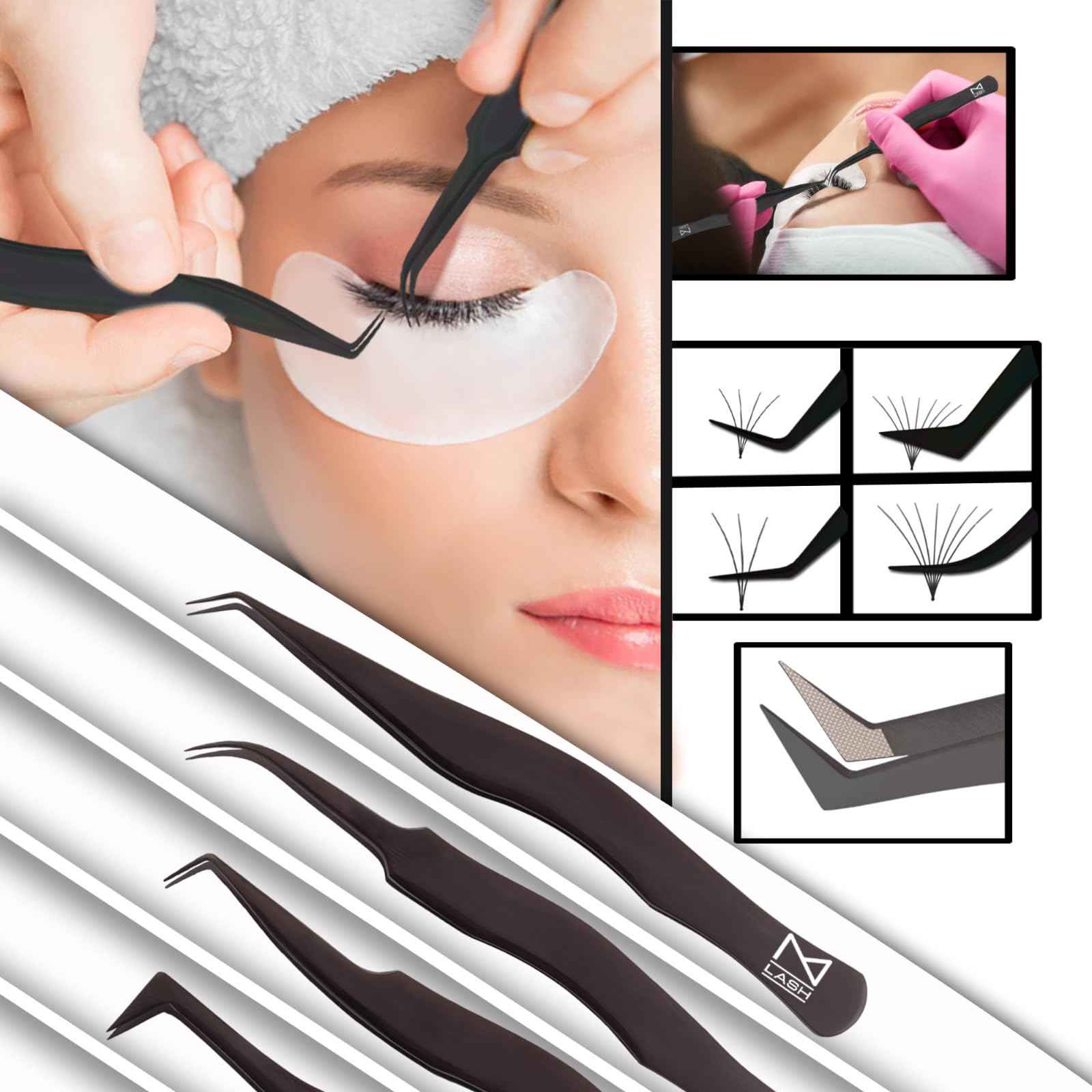 M LASH Eyelash Tweezers for Eyelash Extensions (Set of 4) - Professional Lash Extension Tweezers - Fiber Tip Lash Tweezers, Japanese Steel, Diamond Grip For Flawless Application (Teal)