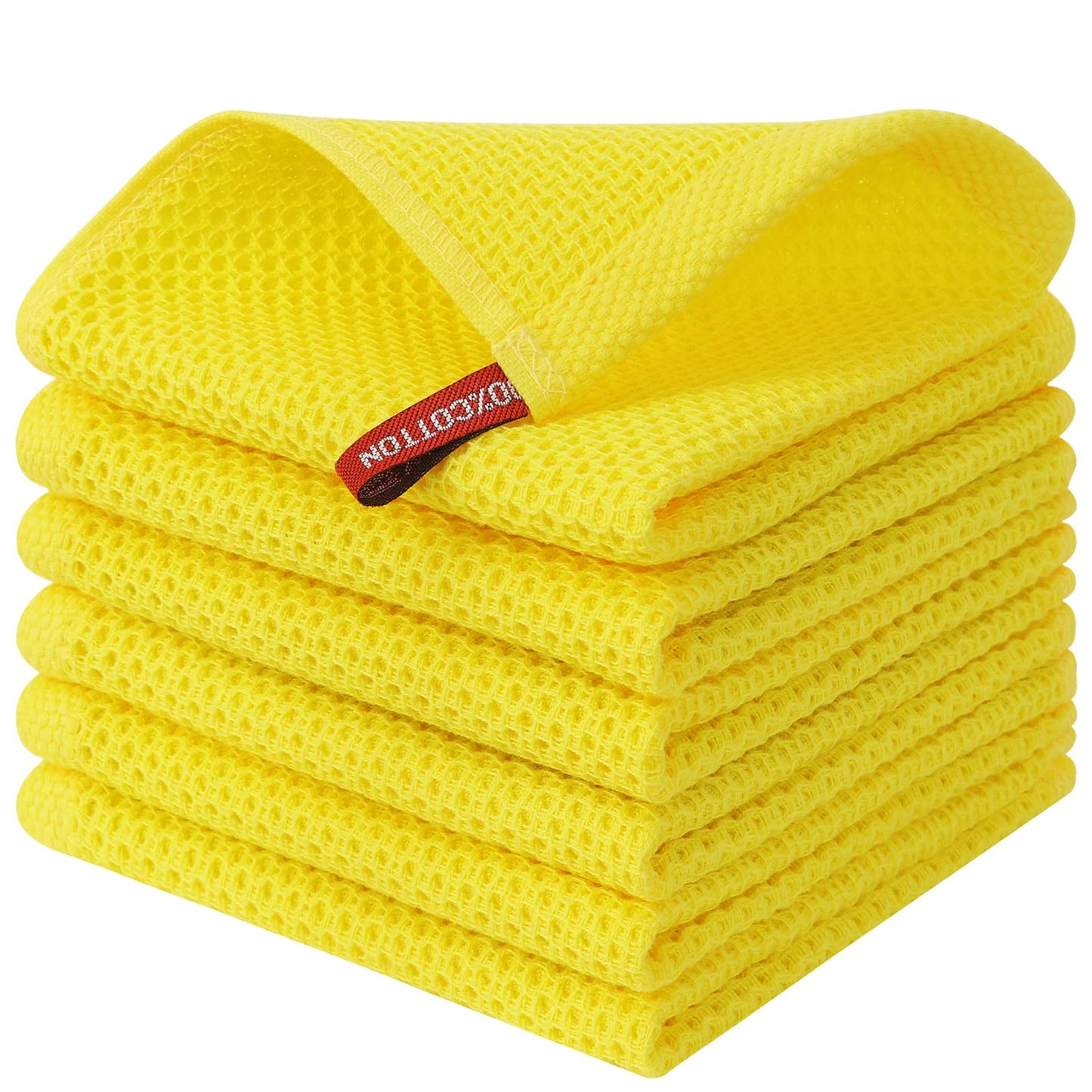 Kitinjoy 100% Cotton Kitchen Dish Cloths, 6 Pack Waffle Weave Ultra Soft Absorbent Dish Towels for Drying Dishes Quick Drying Kitchen Towels Dish Rags, 12 X 12 Inches, Yellow