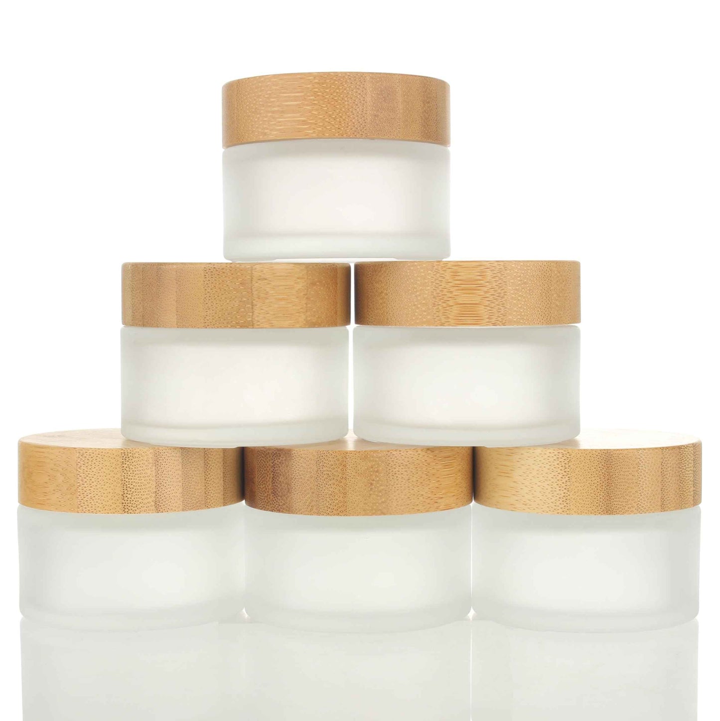 COSIDEA 6pcs Empty 1.7 OZ/50g Round Frosted Glass Jars with Bamboo lids, Bamboo Cream Jar Refillable Cosmetic Travel Containers for Lip Balm, Ointments, Lotion Packing