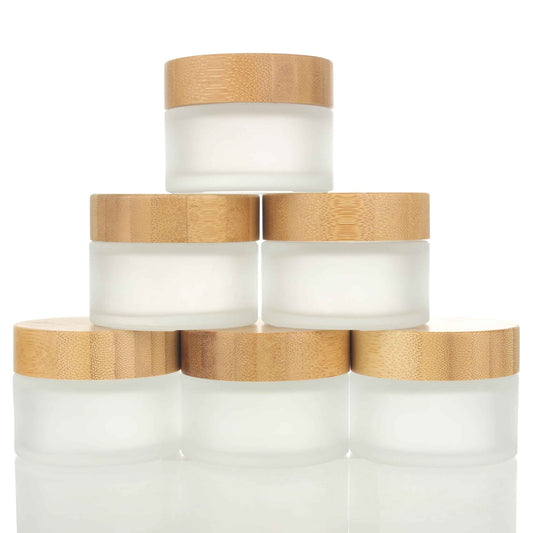 COSIDEA 6pcs Empty 1.7 OZ/50g Round Frosted Glass Jars with Bamboo lids, Bamboo Cream Jar Refillable Cosmetic Travel Containers for Lip Balm, Ointments, Lotion Packing