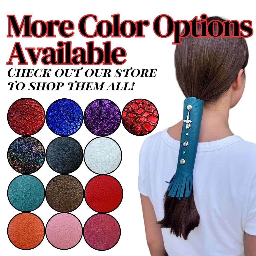 COBALT BLUE Glitter 6" inch Leather Hair Wrap | Motorcycle Helmet Ponytail Sleeve Hair Protector & Frizz Saver | Lady Rider Biker Gear Hair Tie Accessory w/Fringe Crystals Made in USA (6 inch)