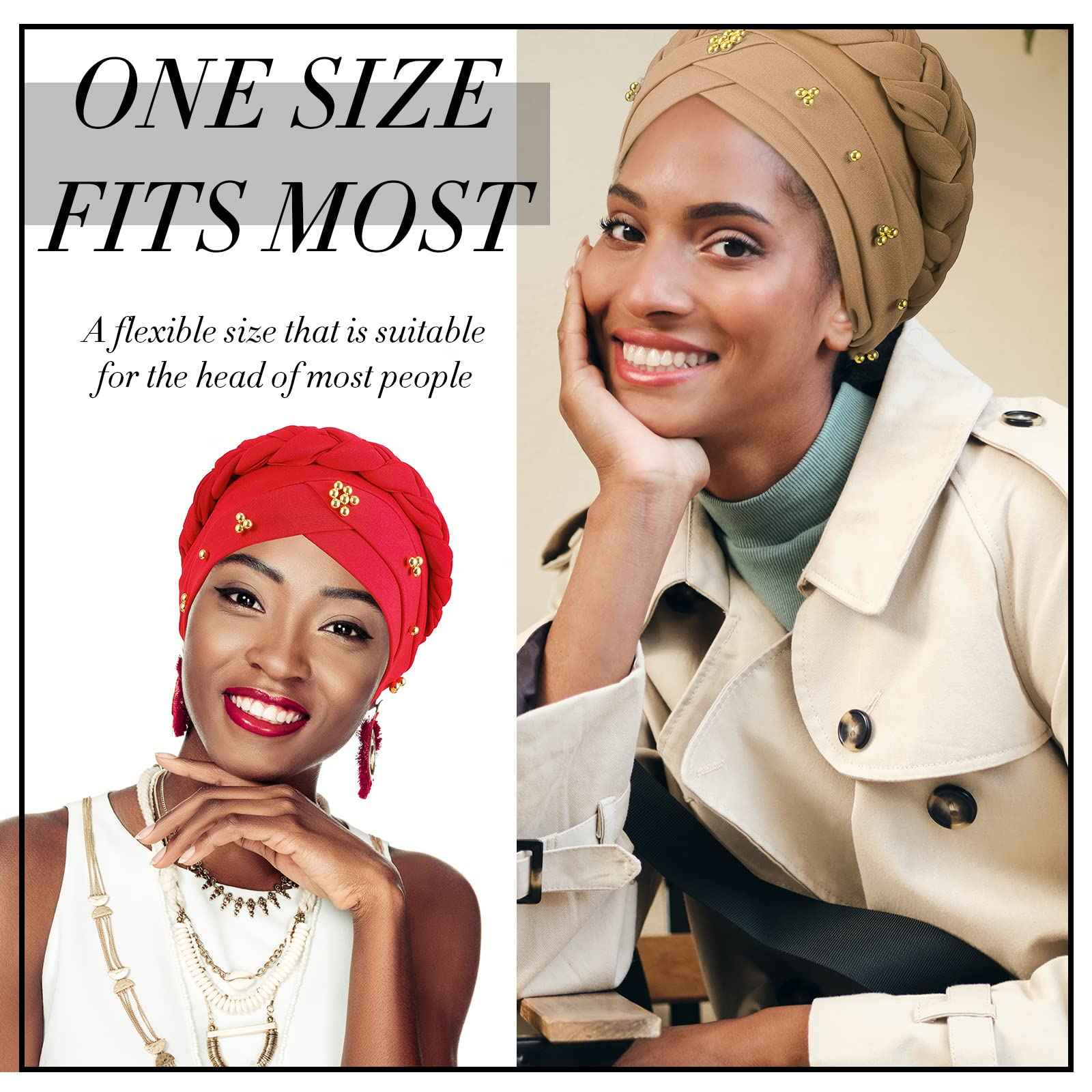 SATINIOR 9 Pcs Women Turban Braid Headscarf Braid Turban Wrap Pre Tied Twisted Hair Covered Hat Beanie Beaded Headband Headwear One Size Multicolor Cap(Fresh)