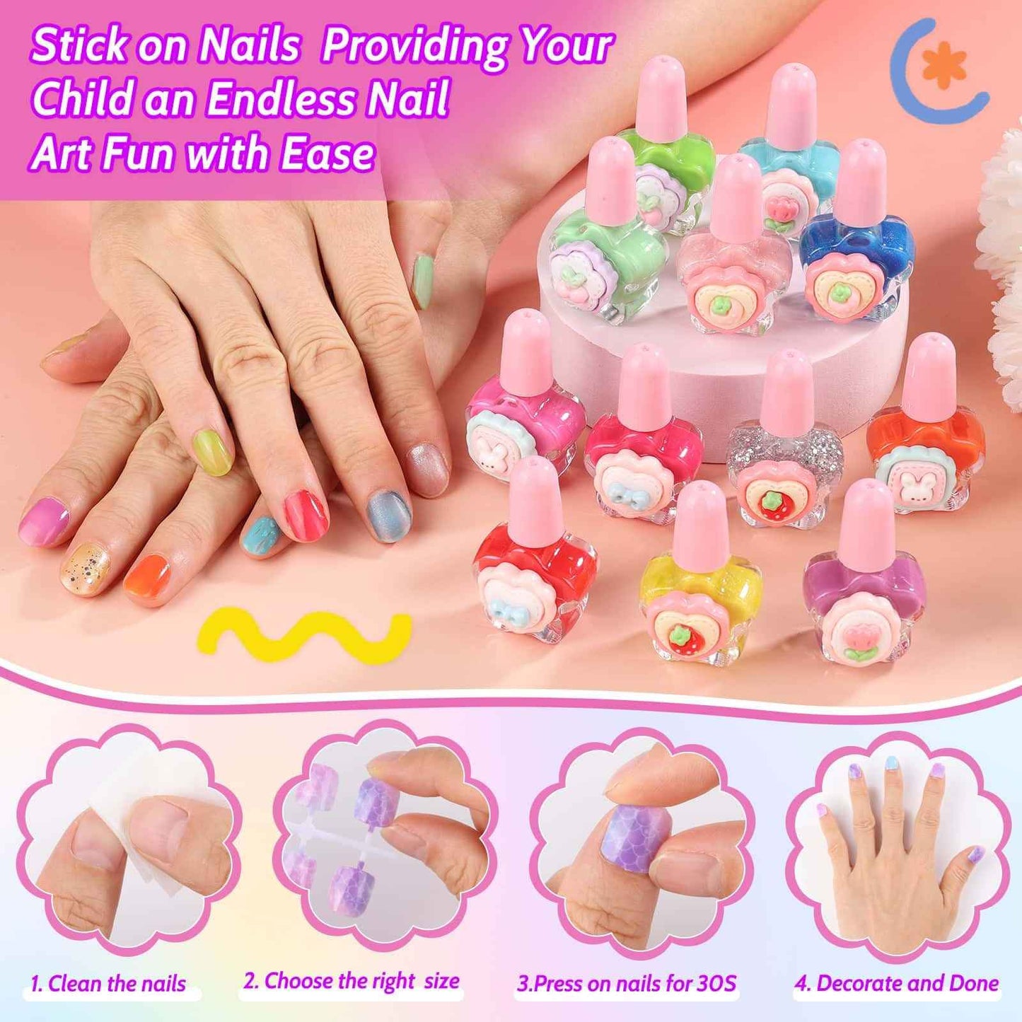 Kids Nails and Nail Polish for Girls, 144 Mini Press On for Kids, 12 Non-Toxic Nail Polish, Dryer, Gems Stickers, Cute Nail Stuff Gift for Girls Age 8-12