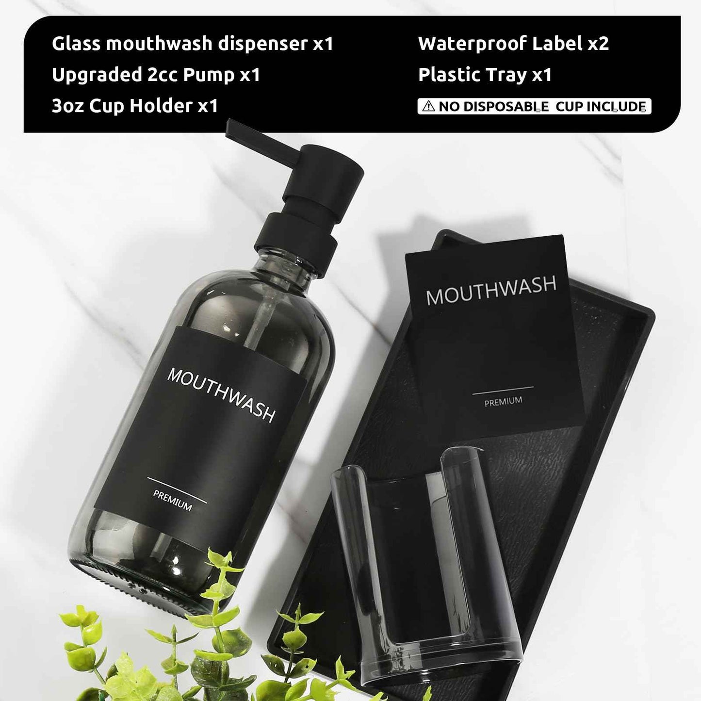 TOLDATLI Mouthwash Dispenser for Bathroom, Glass Mouth Wash Pump Dispenser with Cup Holder, 17 Fl Oz Mouthwash Bottle Decanter with Tray, Refillable Mouthwash Dispenser Container (Clear Black)