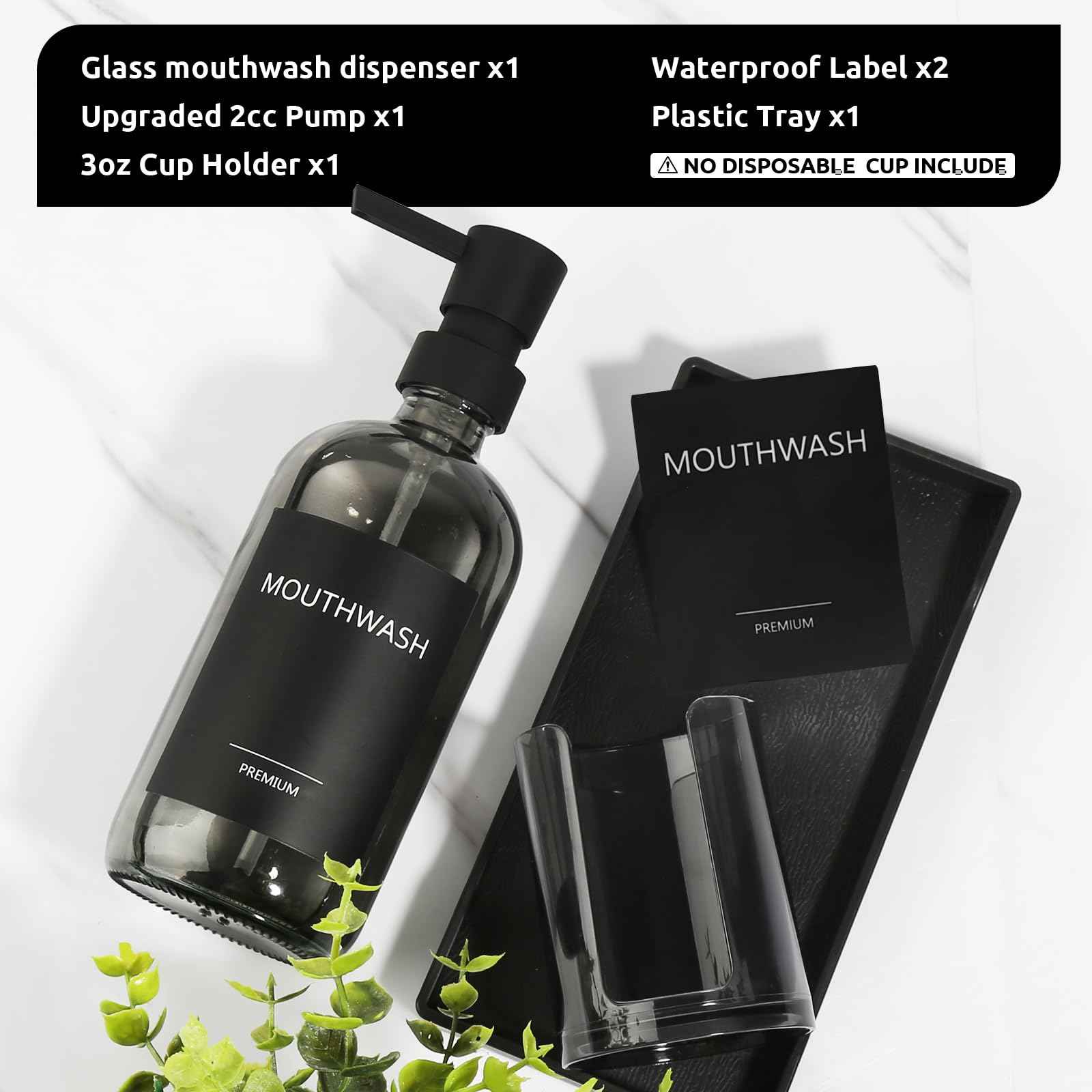 TOLDATLI Mouthwash Dispenser for Bathroom, Glass Mouth Wash Pump Dispenser with Cup Holder, 17 Fl Oz Mouthwash Bottle Decanter with Tray, Refillable Mouthwash Dispenser Container (Clear Black)