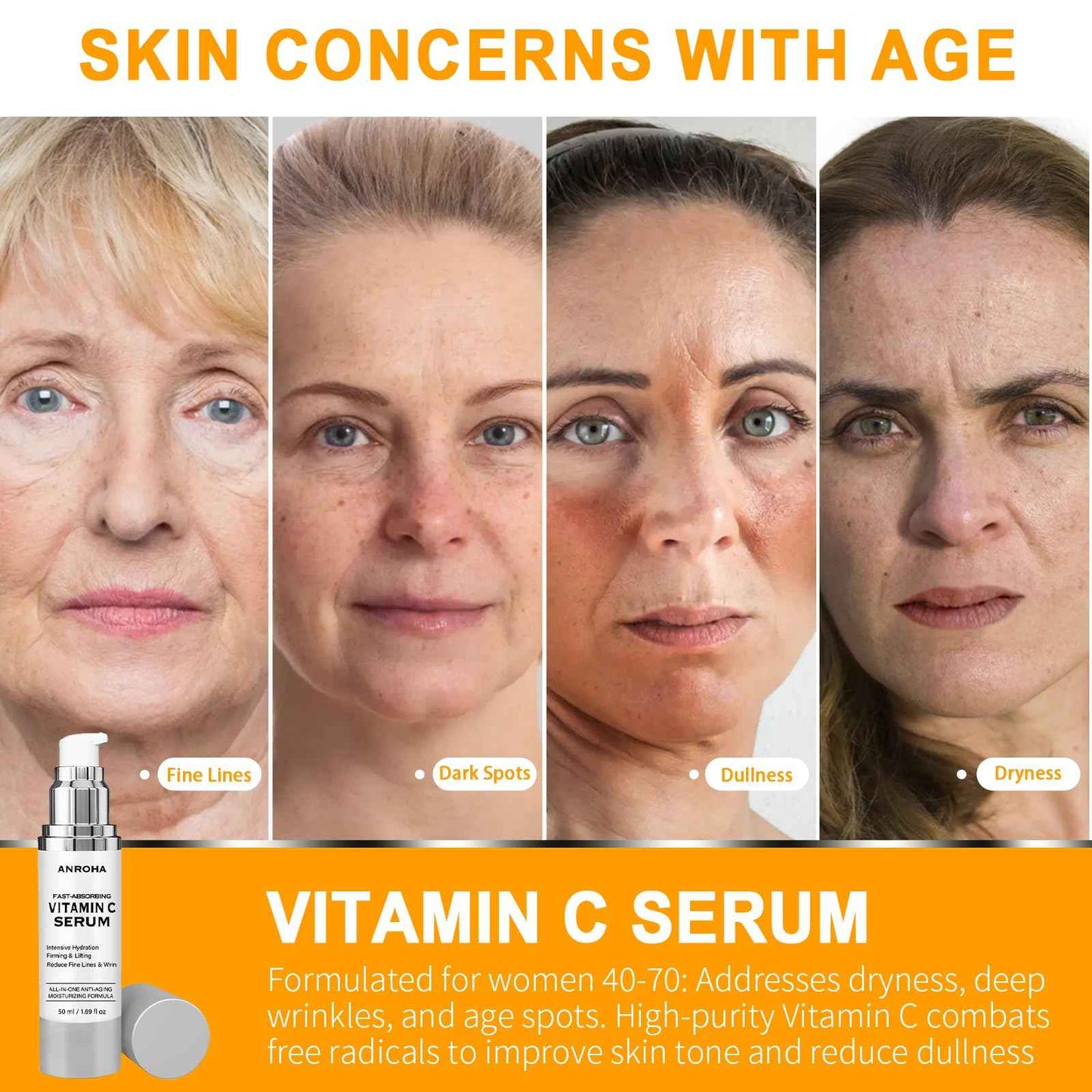 Vitamin C Serum for Women over 70, Vitamin C Serum for Mature Skin Face Hydrates, Firms, Lifts, Targets Age Marks, Wrinkles and Smoothes Skin Texture 1.69 fl oz