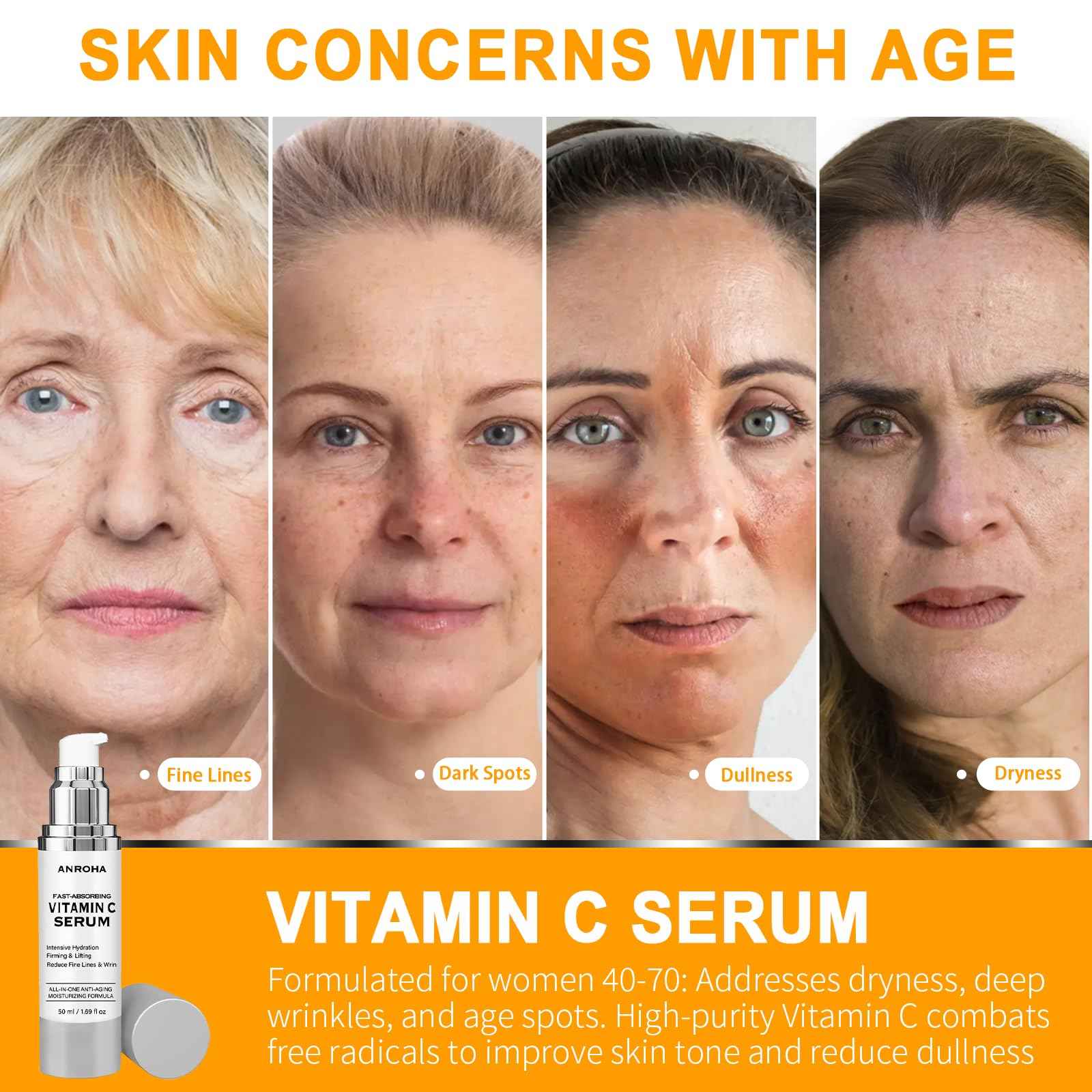 Vitamin C Serum for Women over 70, Vitamin C Serum for Mature Skin Face Hydrates, Firms, Lifts, Targets Age Marks, Wrinkles and Smoothes Skin Texture 1.69 fl oz