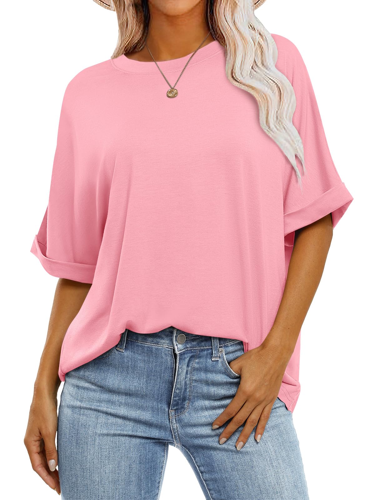 ANRABESS Women's Oversized T Shirts Short Sleeve Crewneck Summer Tops Casual Loose Basic Tee Shirts 2024 Trendy Clothes Pink Small