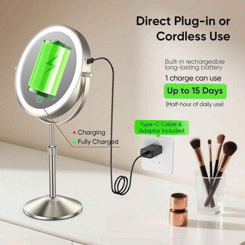 8.7" Double Sided Vanity Mirror with Lights, Height & Brightness Adjustable, Rechargeable 4000mAh Lighted Makeup Mirror with 1X/10X HD Magnifying,88 High-CRI LEDs, 3 Color Dimmable Lights, 360° Swivel