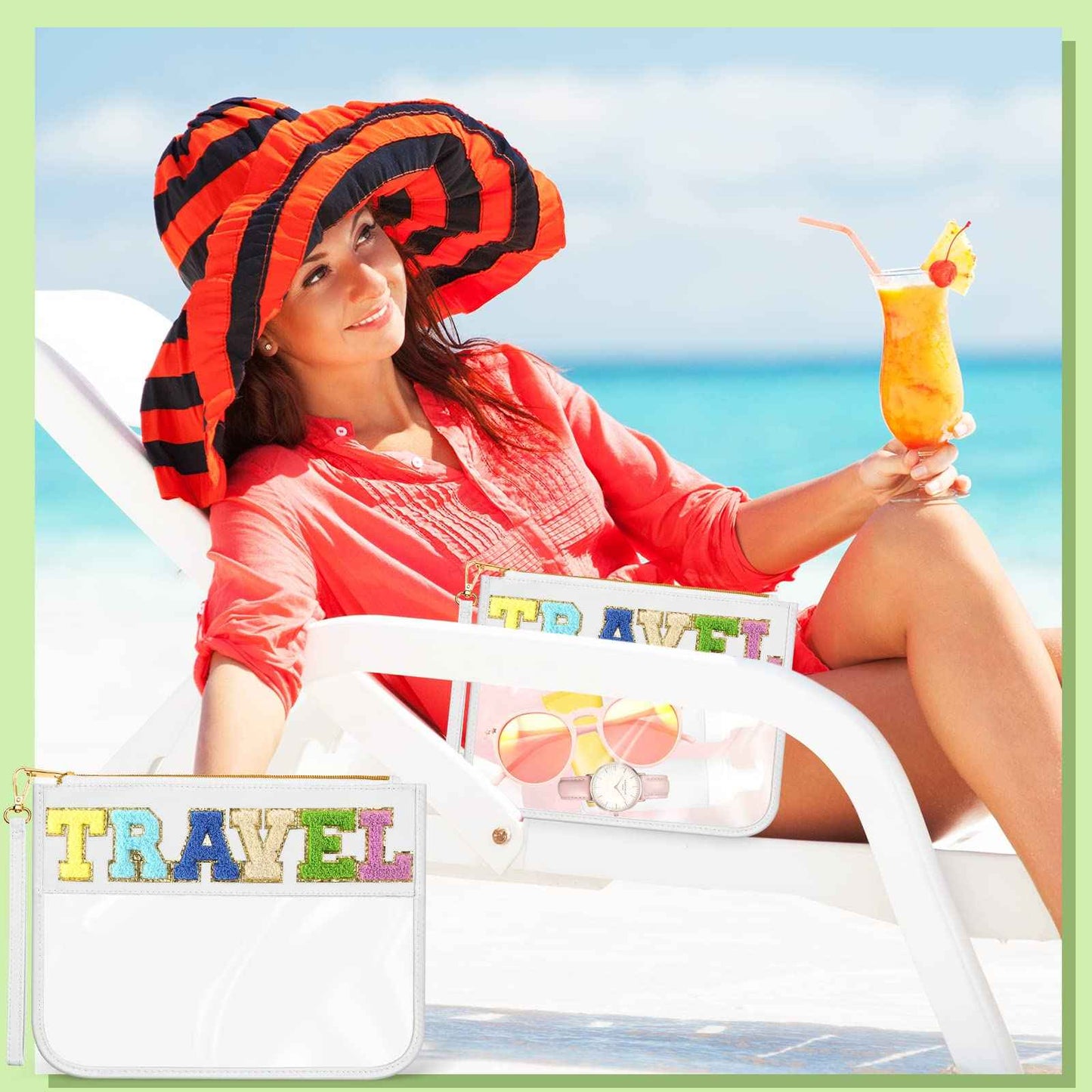 Remerry 4 Pack Clear Chenille Letter Bag Monogram Cosmetic Makeup Bag Travel Snack Beach Stuff Patch Pouch Preppy Accessories for Women Girls(Blue Green Series, Stylish)