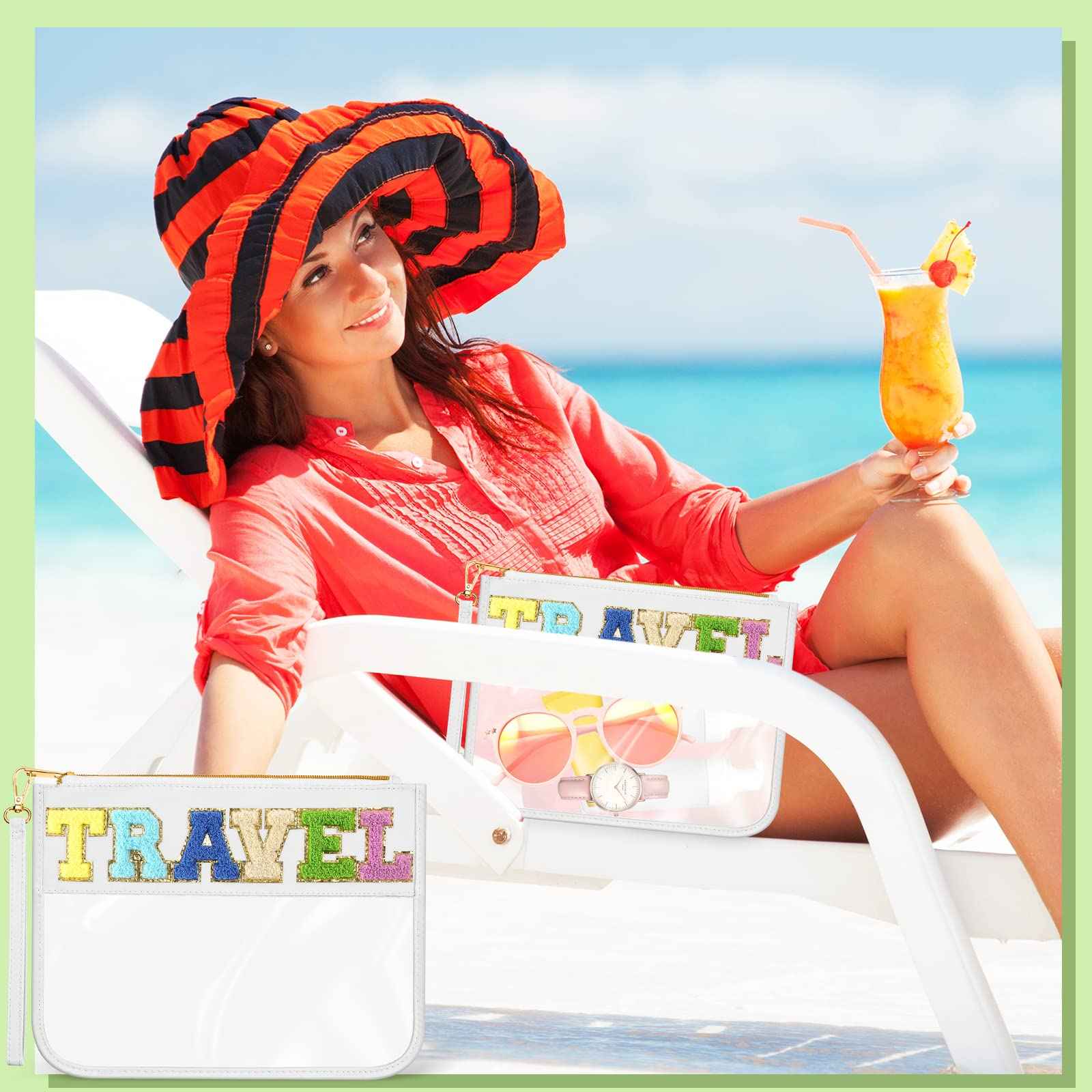 Remerry 4 Pack Clear Chenille Letter Bag Monogram Cosmetic Makeup Bag Travel Snack Beach Stuff Patch Pouch Preppy Accessories for Women Girls(Blue Green Series, Stylish)