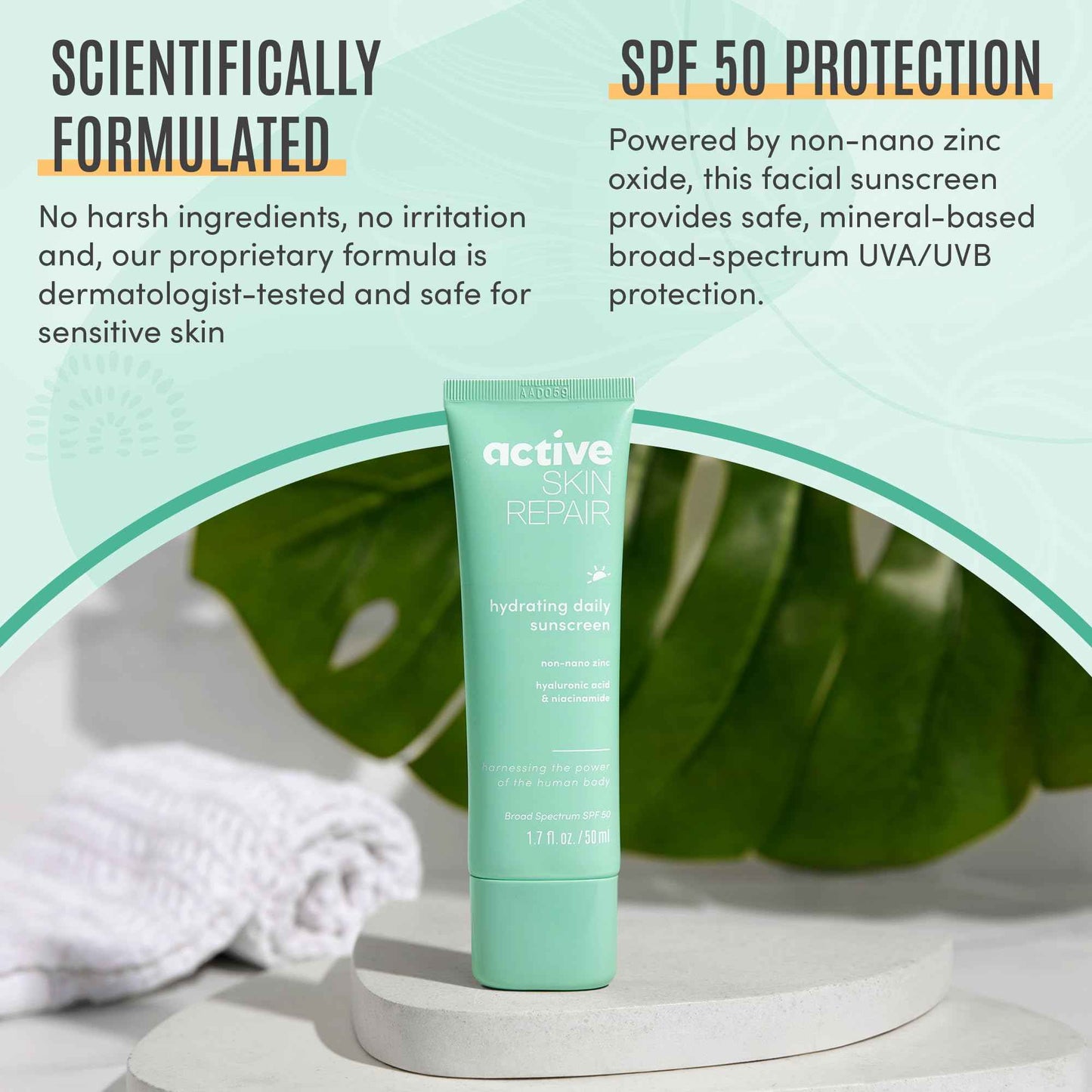 Active Skin Repair SPF 50 Hydrating Daily Sunscreen and Face Moisturizer, Non-Nano Zinc, Non-Toxic Broad Spectrum Protection Hydrating Mineral Facial Sunscreen, 1.7 fl. oz.