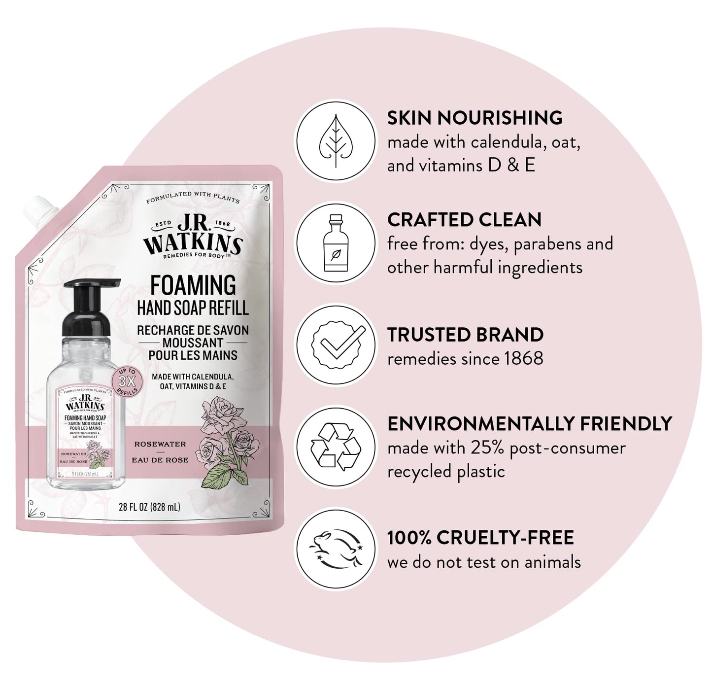 J.R. Watkins Foaming Hand Soap Refills, All Natural, Alcohol-Free Hand Wash, Cruelty-Free, USA Made, Moisturizing Hand Soap Refill for Bathroom or Kitchen, Rosewater, 28 fl oz Foam Soap Refill, 3 Pack