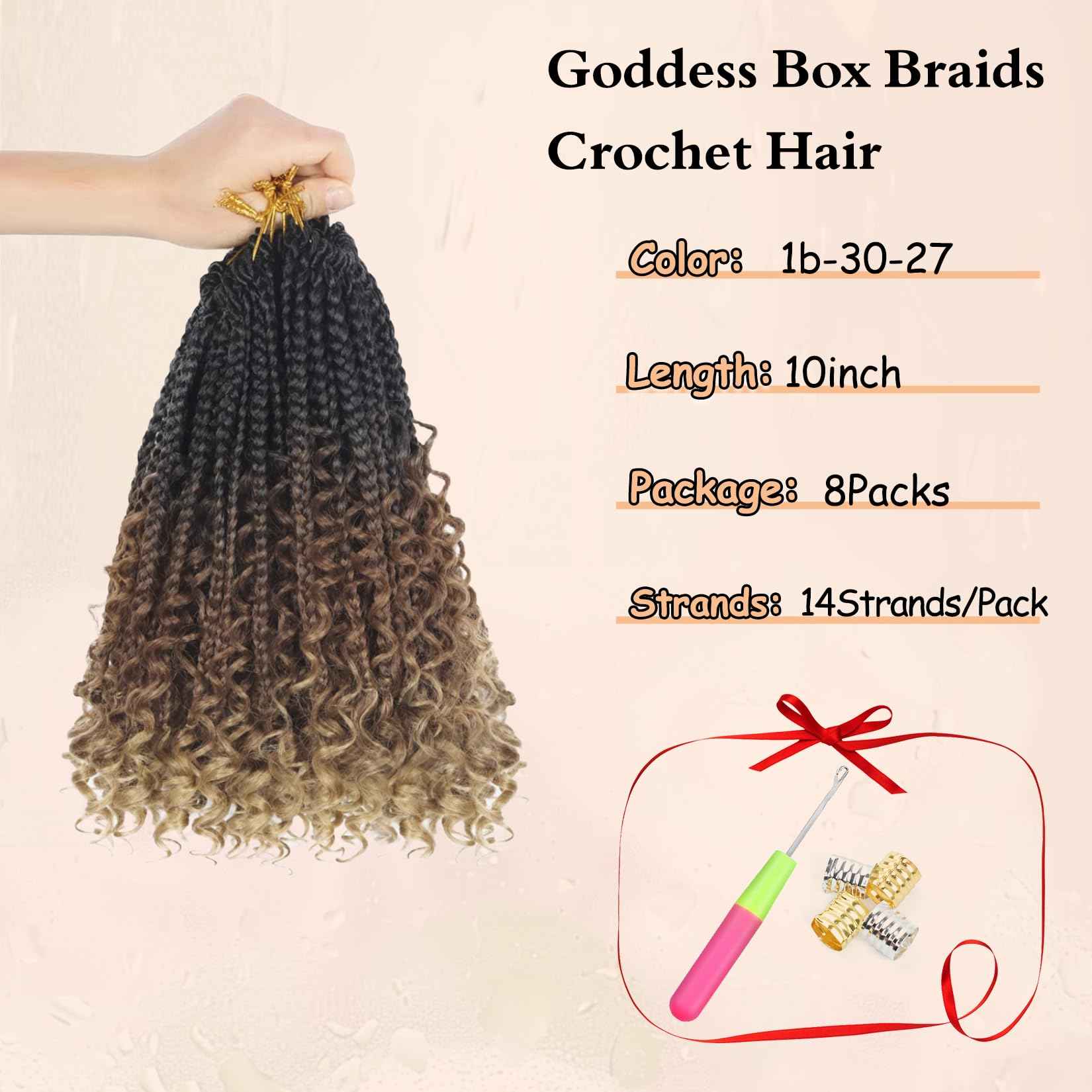 Boho Braids Crochet Hair Pre Looped 10 Inch - Goddess Box Braids Crochet Hair for Black Women with Curly Ends, 8 Packs Boho Crochet Braids Pre Looped 1B-30-27