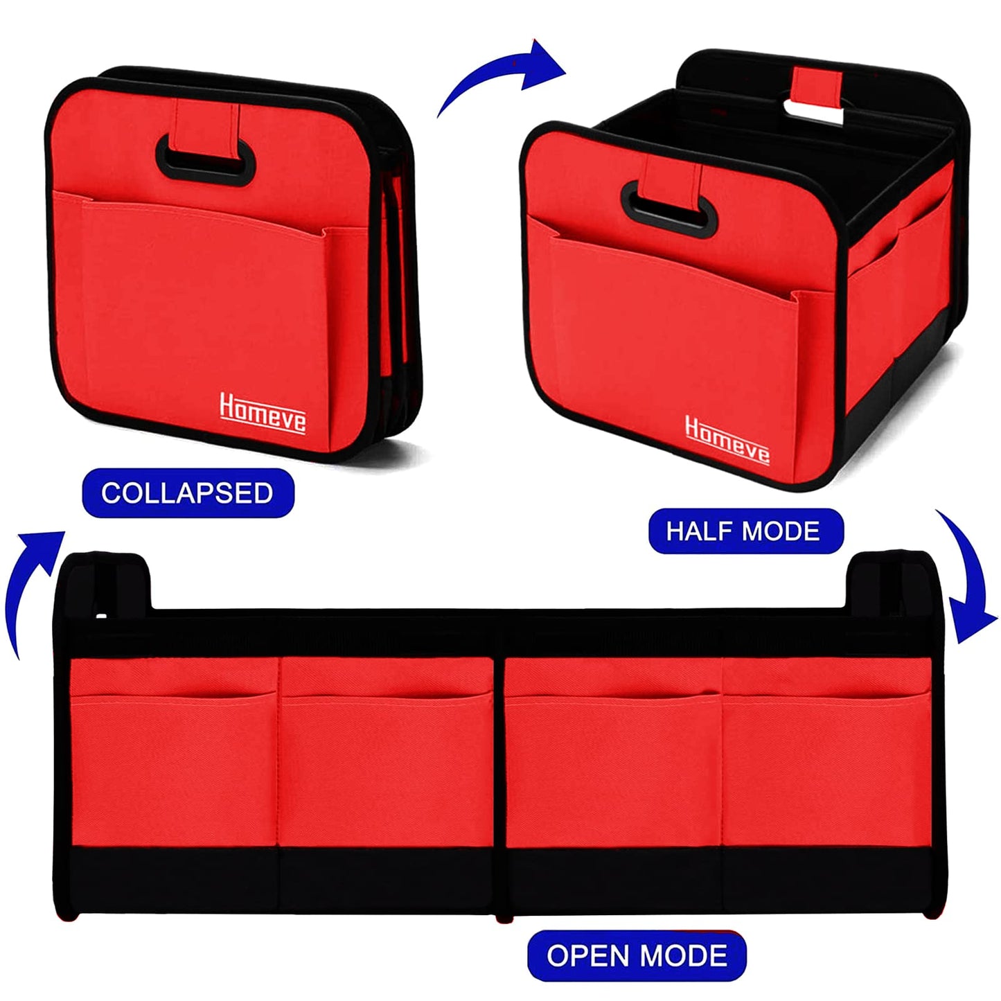 Homeve Trunk Organizer for Car, Car Storage, Reinforced Handles, Collapsible Multi-Compartment Car Organizers Foldable and Waterproof, 600D Oxford Polyester, Suitable for Any Car, SUV, Mini-Van, Red