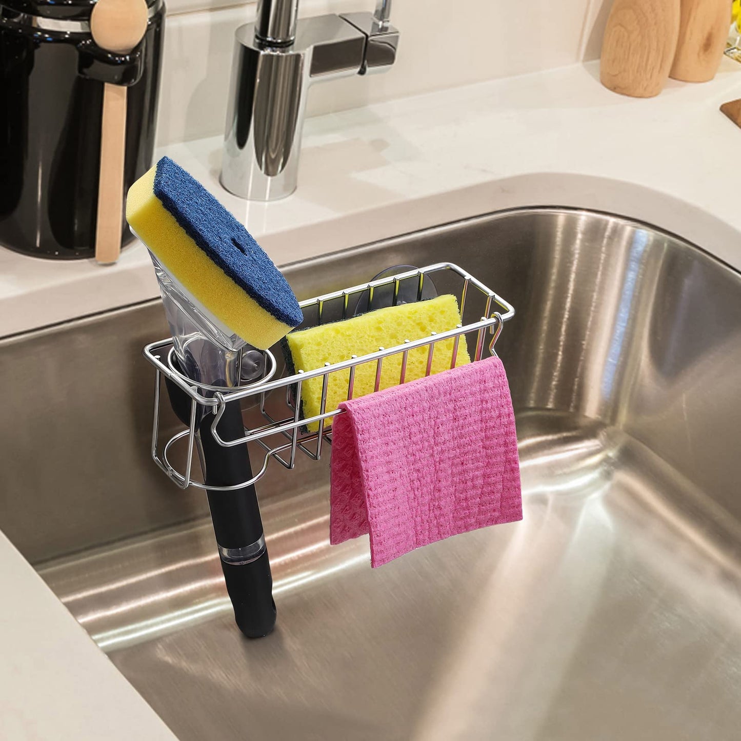 3-In-1 Sponge Holder for Kitchen Sink with Suction Cups & Adhesive Hook , In Sink Sponge Holder, Wall Hanging Sink Caddy Organizer Rack - Sponge, Dish Cloth, Brush, Scrubber - 304 Stainless Steel