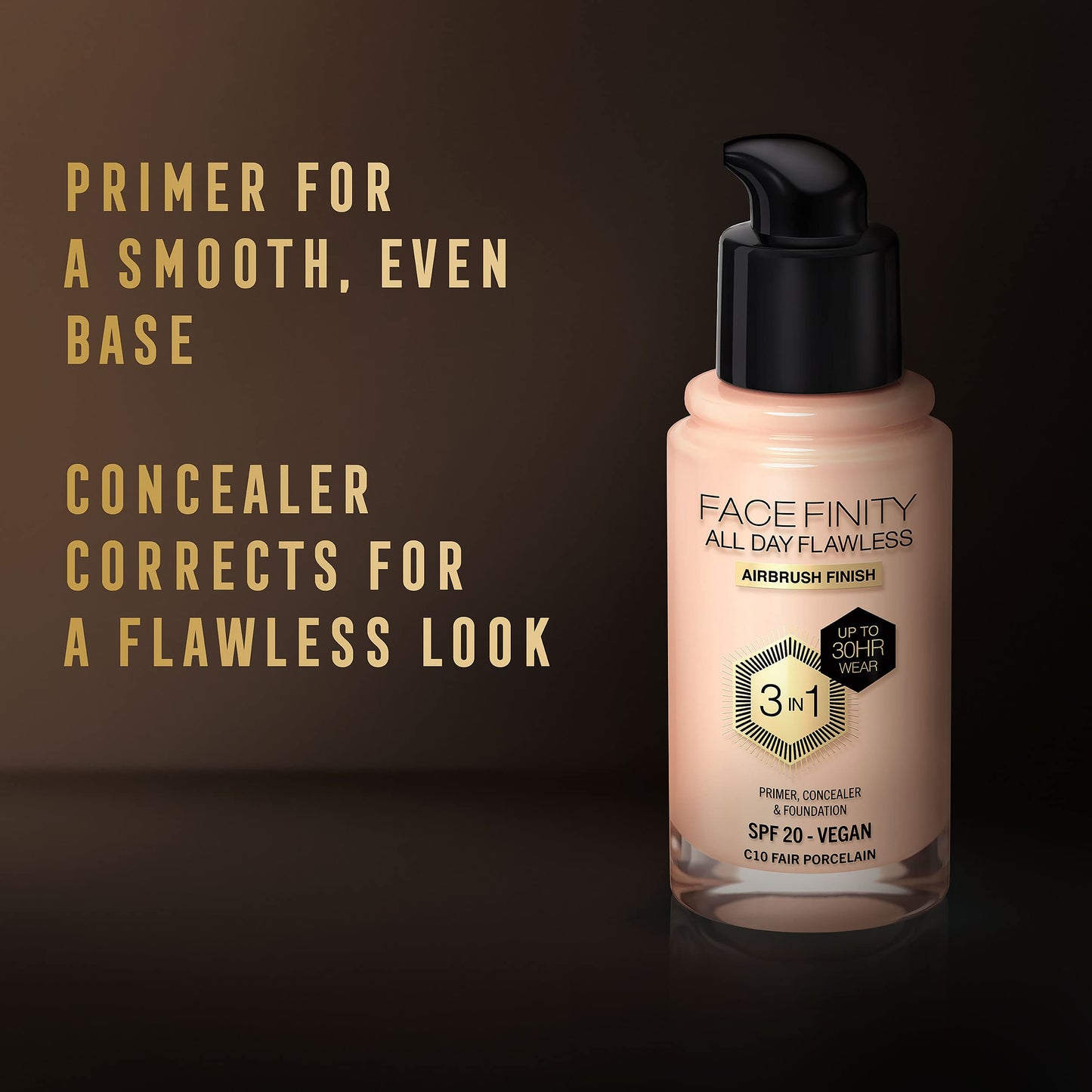 Max Factor Facefinity 3-in-1 All Day Flawless Liquid Foundation, SPF 20-10 Fair Porcelain, 30 ml