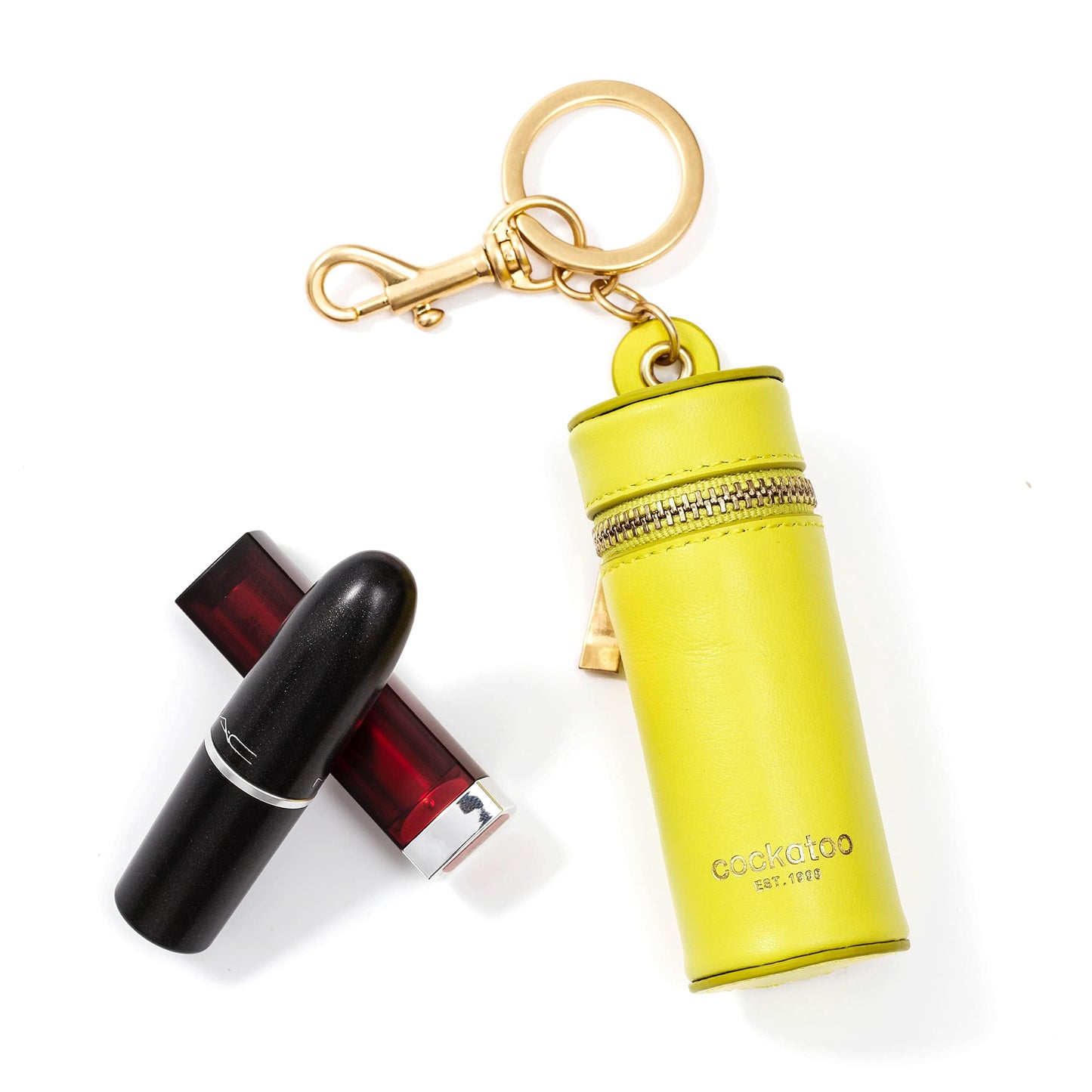 Cockatoo Nappa Leaeher Zipper Lipstick Case with Keychain Chapstick Holder Keyring (CHARTEUSE)