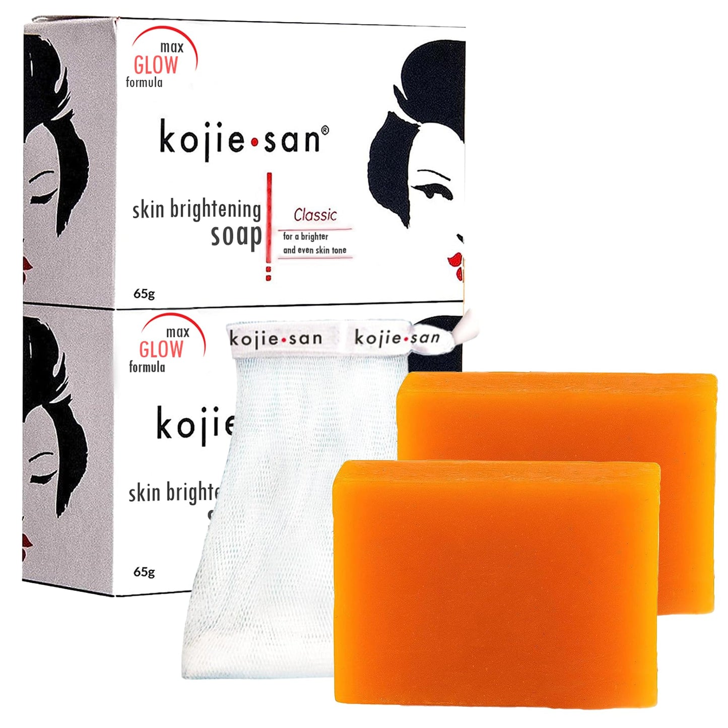 Kojie San Skin Brightening Soap - Original Kojic Acid Soap that Reduces Dark Spots, Hyperpigmentation, & Scars with Exfoliating Soap Net Included - 65g x 2 Bars