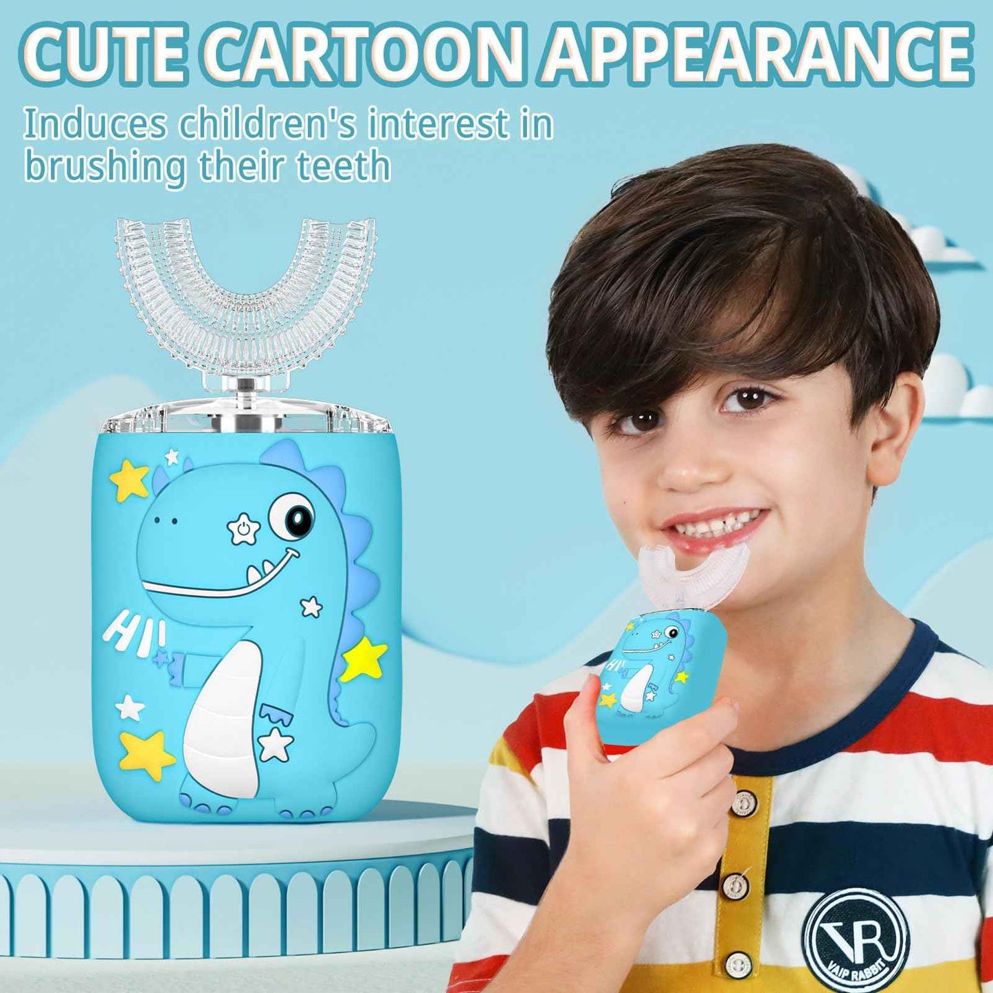 PVOGRT Kids Electric U Shaped Toothbrush,Kids Dinosaur Sonic Full Mouth Toothbrush with 4 Soft Brush Head Automatic 6 Cleaning Modes IPX7 Waterproof 360 Degree Cleaning - Age2-7 Blue