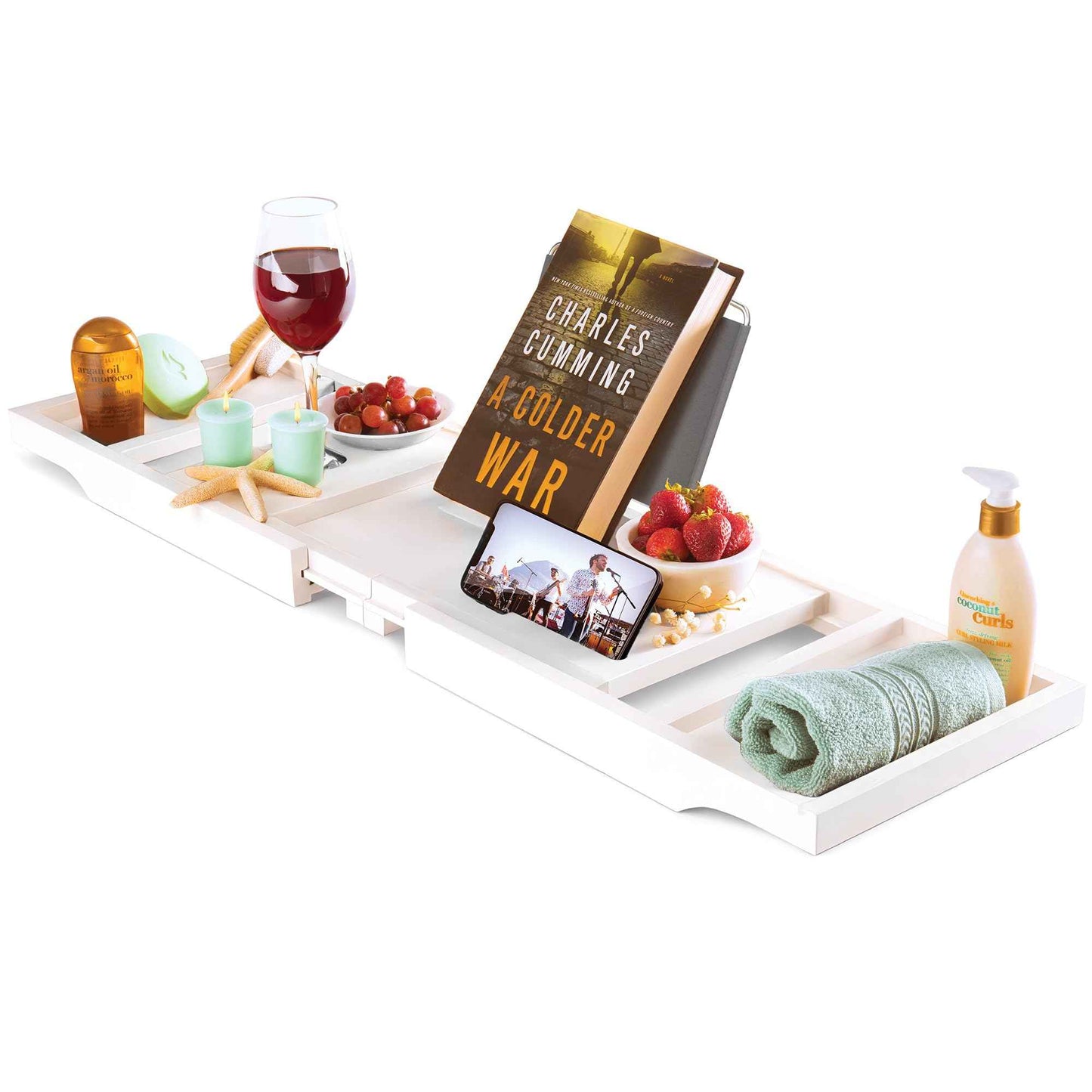 Wooden Bathtub Tray - Foldable & Expandable Bamboo Bath Tray for Tub with Wine Holder, Book & Tablet Stand - Bath Caddy Tray for Bathtub, Spa Bath Accessories, Tub Tray Table, (White)