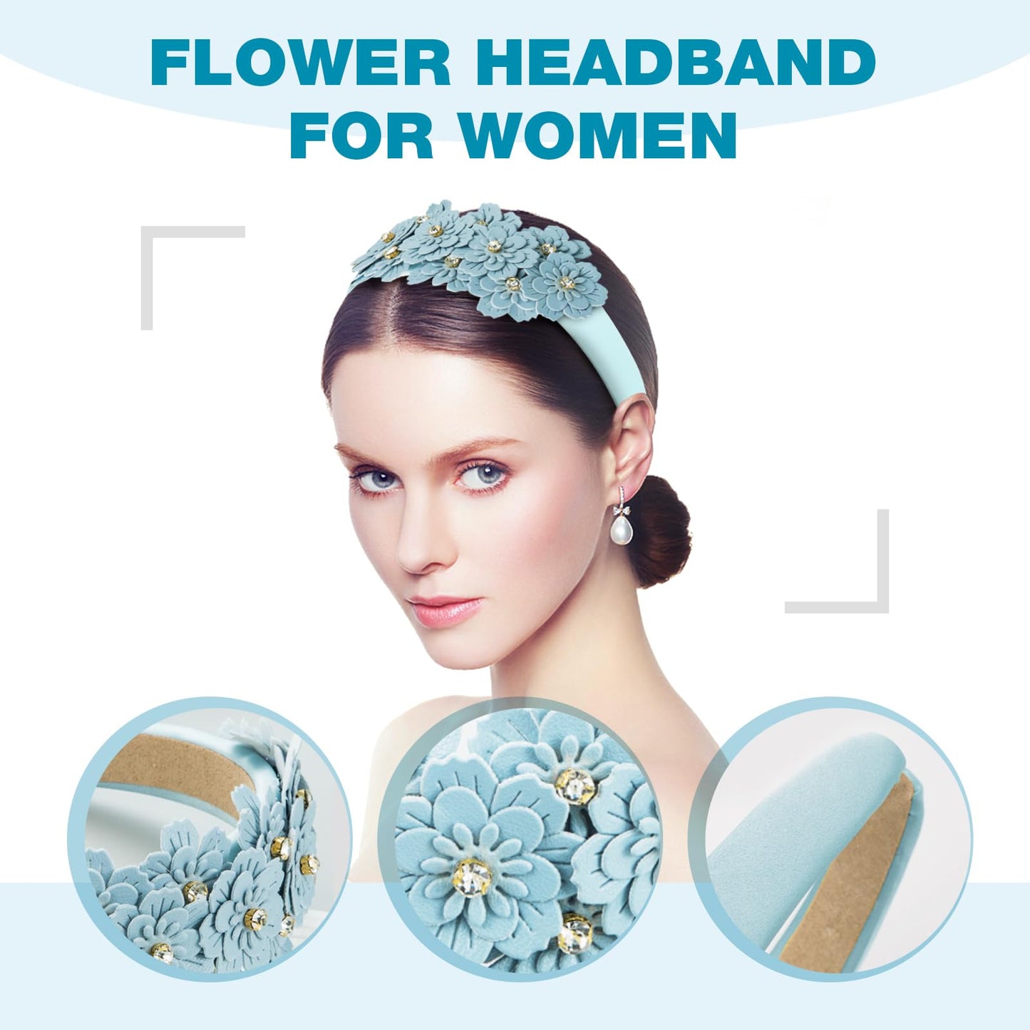 YFKEJI Flower Headband for Women Glass Diamonds Headbands for Thick Hair Bejewelled Hairband Glitter Hair Hoops Hair Accessories for Girls Fashion, Blue(C#)