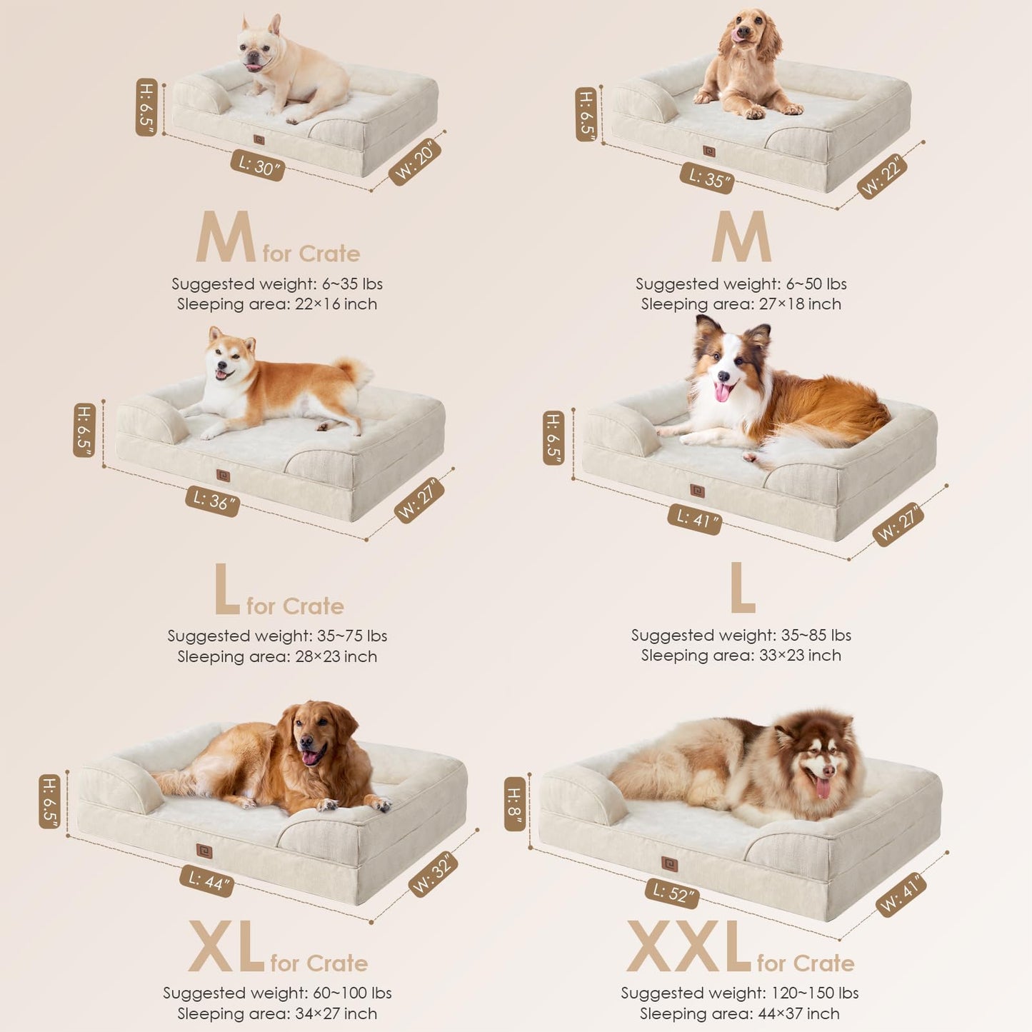 EHEYCIGA Orthopedic Dog Beds for Large Dogs, Waterproof Memory Foam Large Dog Bed with Sides, Non-Slip Bottom and Egg-Crate Foam Large Dog Couch Bed with Washable Removable Cover, Beige