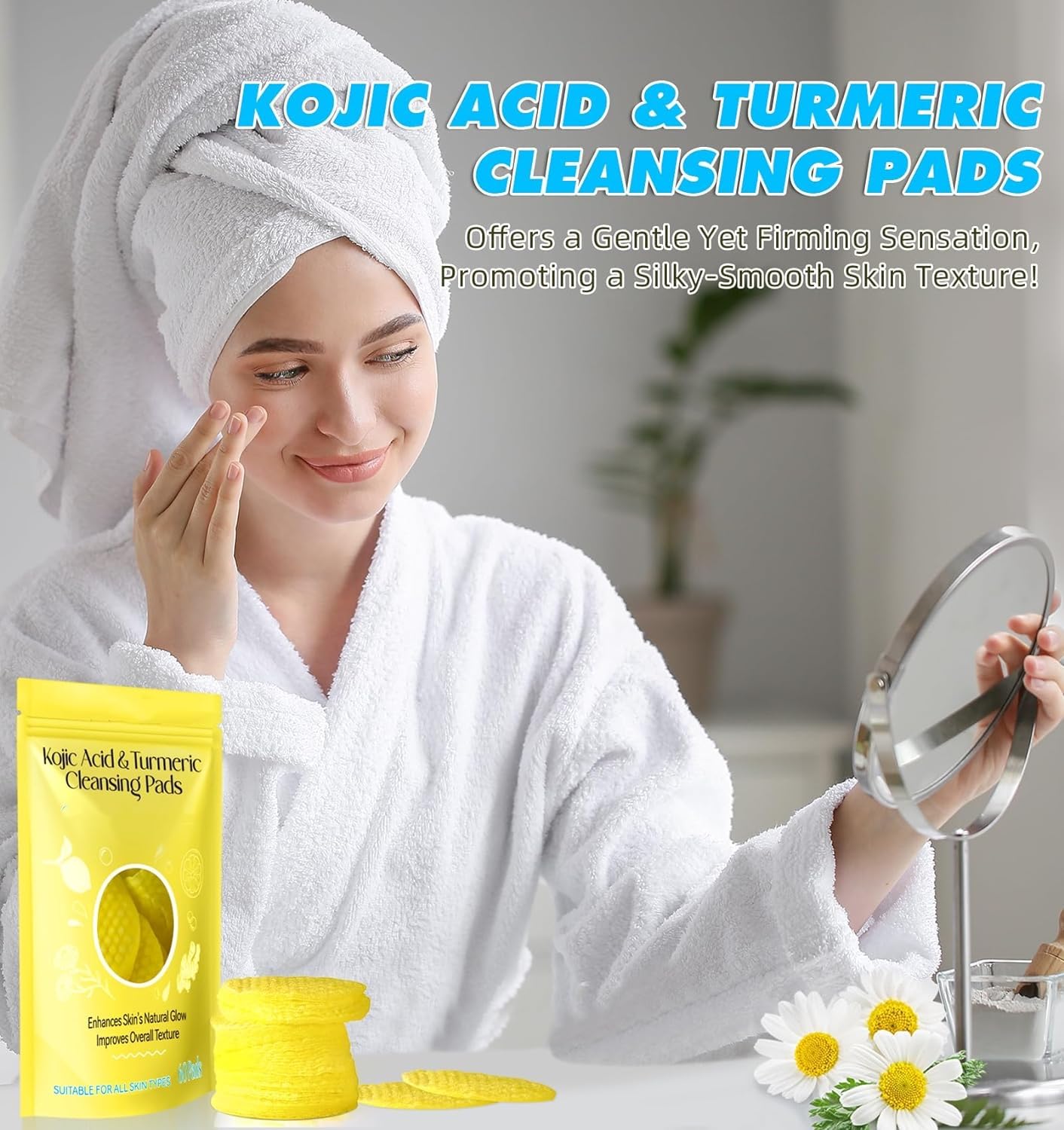 SHIFAKOU Turmeric Cleansing Pads for Dark Spots, Turmeric Kojic Acid Cleansing Pads Infused Foaming Exfoliating and Cleansing Pads,Remove Excess Keratin (60 Pads)