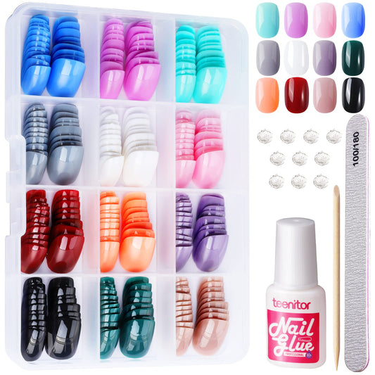 Teenitor Extra Short Press On Nails, Glossy Press On Short Fake Nails, Short Round Press On Nails Small Nails, Short False Nails With Nail Glue, 12 Colors Short Glue On Nails For Small Hand