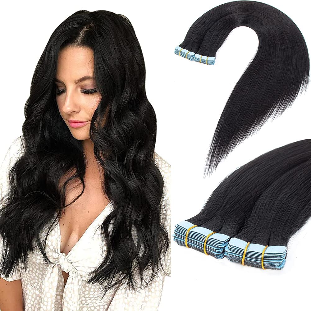 Amella Hair Tape in Hair Extensions Off Black Color Tape in Human Hair Extensions 12 inch Silky Straight Seamless Skin Weft Real Human Hair 40-45g/20pcs