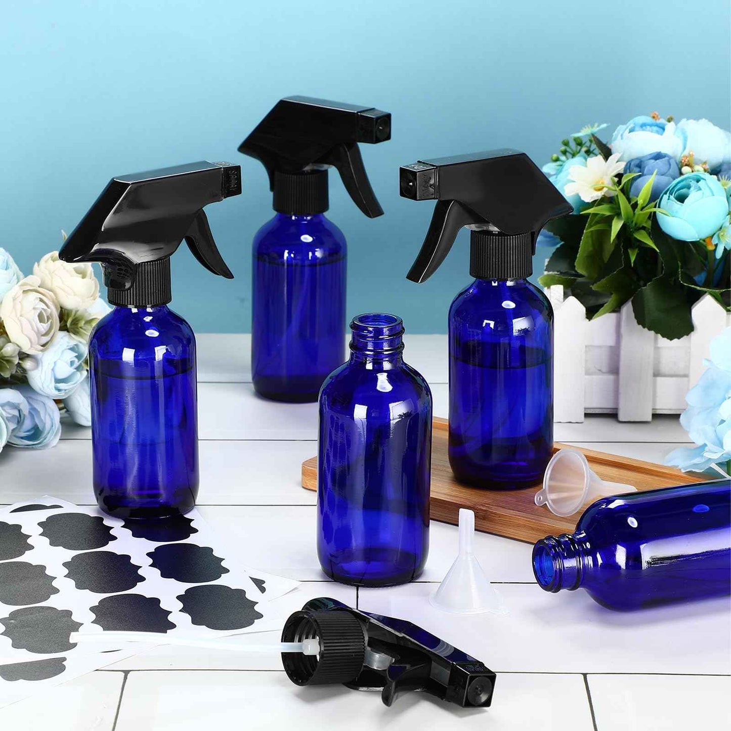 Fumete 20 Pcs 4 oz Glass Spray Bottles Empty Refillable Sprayer Containers with Funnels Labels Black Trigger Sprayers Spray Bottles for Essential Oil DIY Kitchen Hair Plants(Blue)