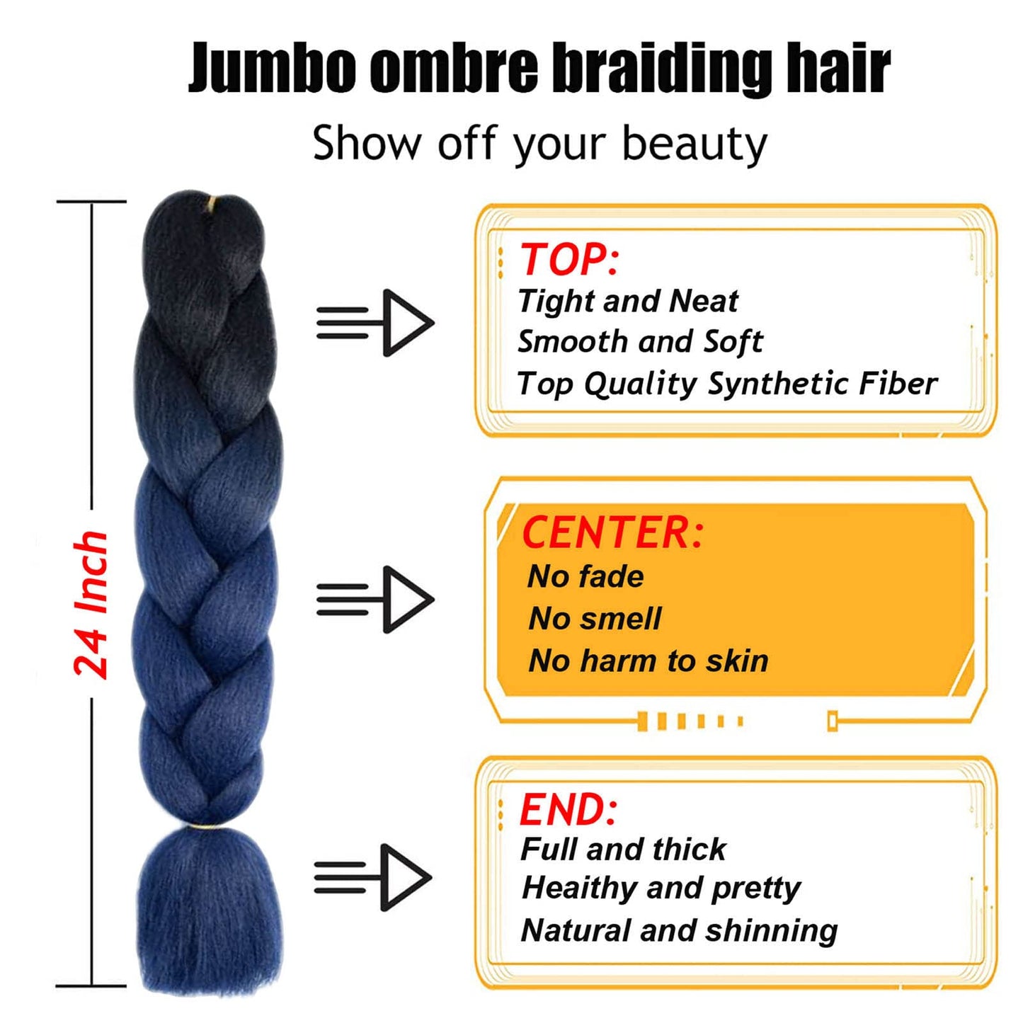 TENGSHUO FLY Black to Dark Blue Braiding Hair 6 Packs Synthetic Braid Hair Extensions Jumbo Ombre Braiding Hair 24 Inch or Box Braids Twist Crochet Braids(24"6Pack,Black to Dark Blue)