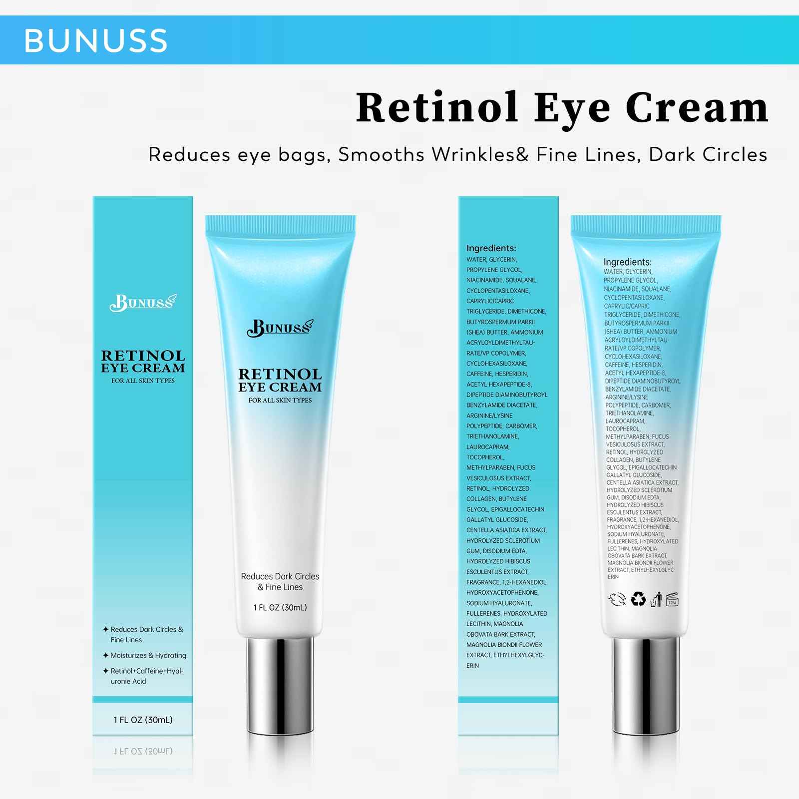 Retinol Eye Cream - Eye Cream for Dark Circles, Puffiness, Anti Aging, with Hyaluronic Acid, Peptides, Caffeine, Reduces Bags, Smooths Wrinkles & Fine Lines, Dark Circles Under Eye Treatment, 1 fl. oz