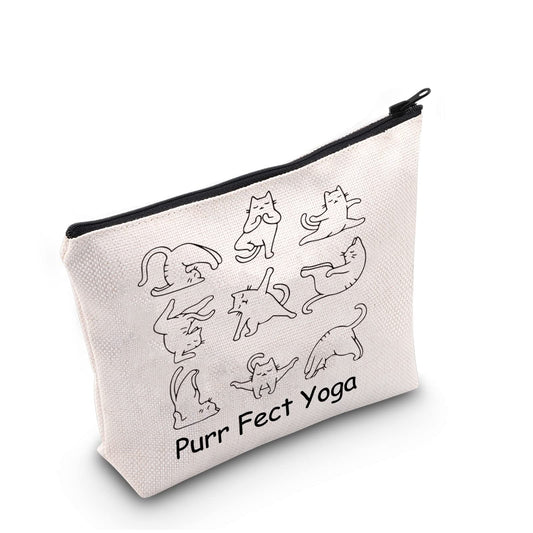 G2TUP Yoga Gift Purr Fect Yoga Makeup Bag Cat Yoga Cosmetic Bag Cat Lover Gift Yoga Instructor Gift Yoga Lover Gift Zipper Travel Pouch (Purr Fect Yoga White Bag)