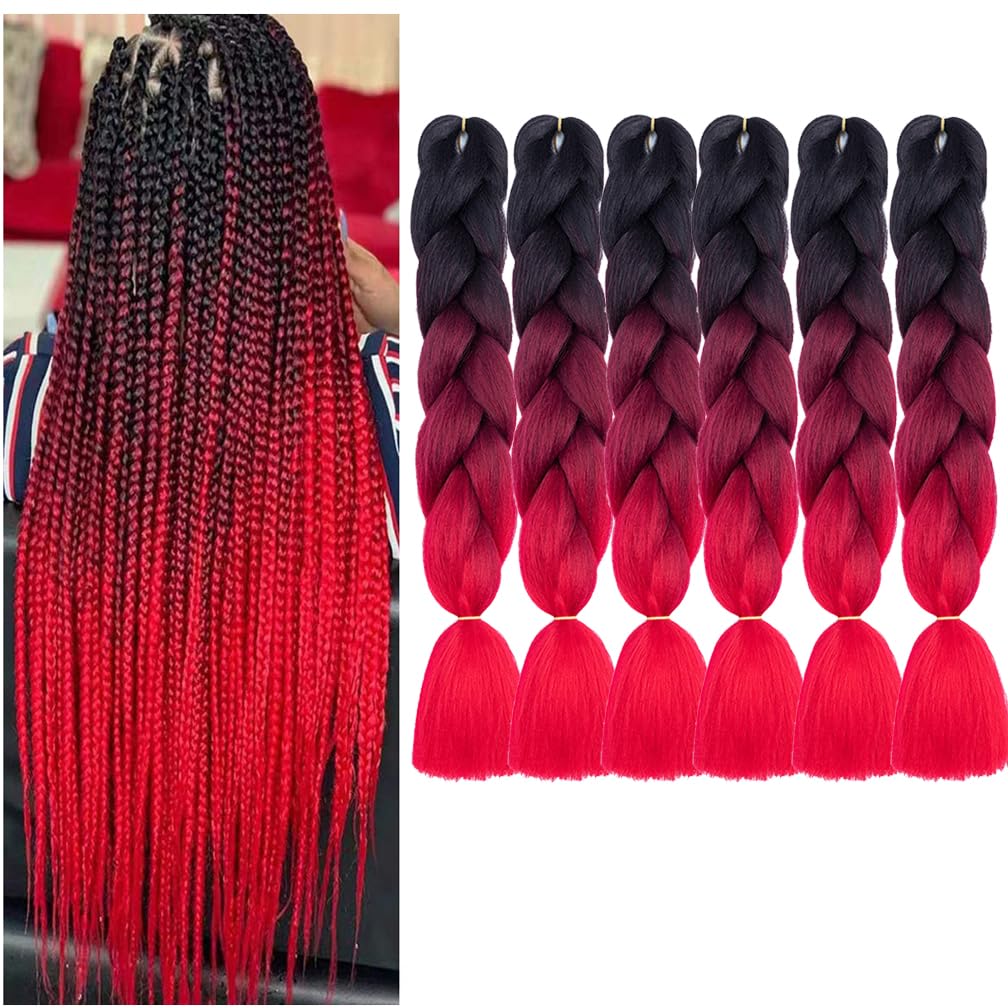 BALINGHAIR Braiding Hair Extensions Ombre Black to Red Professional High Temperature Kanekalon Braids Hair 24 Inch(C6-6Packs)