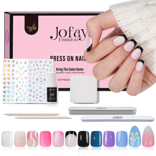 12 Packs (288 Pcs) Press on Nails Short&Medium-Jofay Fashion Acrylic False Nails with Design French Tip Press on Nails Stick on Nails for Women Soft Gel Glue on Nails Kit